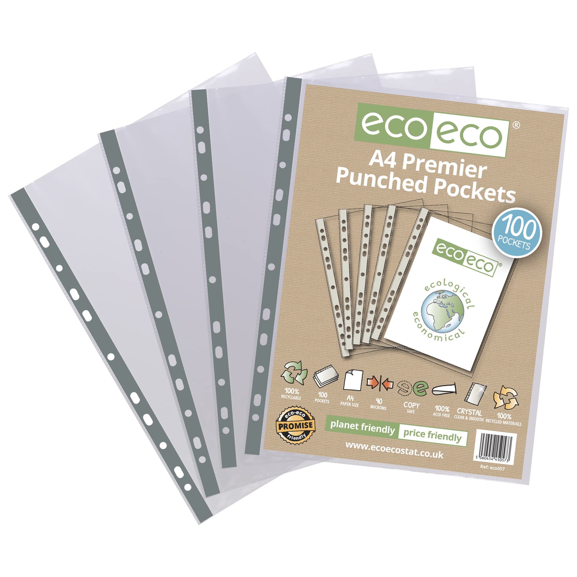 eco-eco Premier File Pockets - A4 Size, Glass Clear, 100 Pack | 100% Recycled