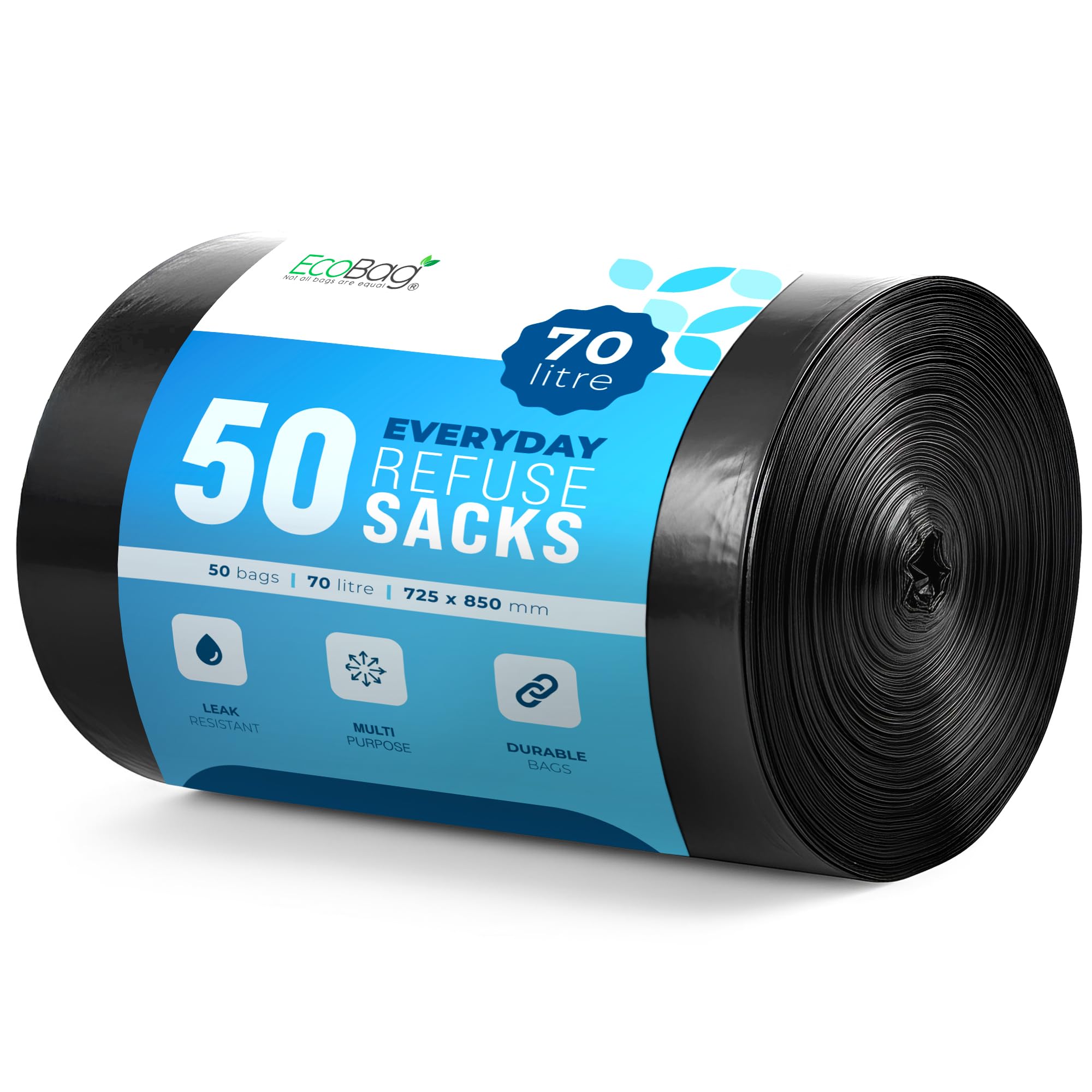 EcoBag Refuse Sacks - 70L Everyday (30µm) Heavy Duty Recyclable Bin Liners, 50 Count
