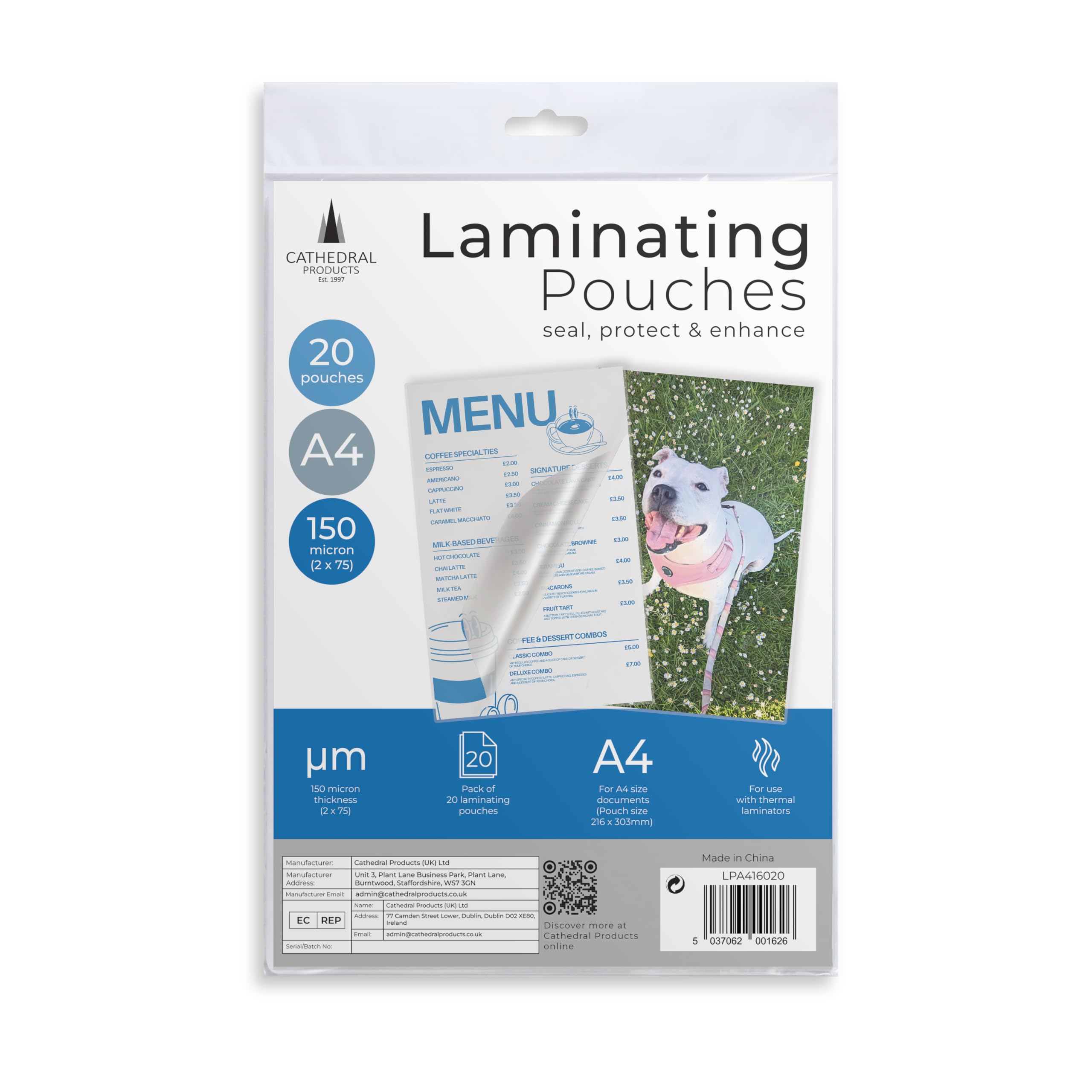 Cathedral Products A4 Laminating Pouches - 150 Micron Thickness | Pack of 20 | Crystal Clear Gloss Finish