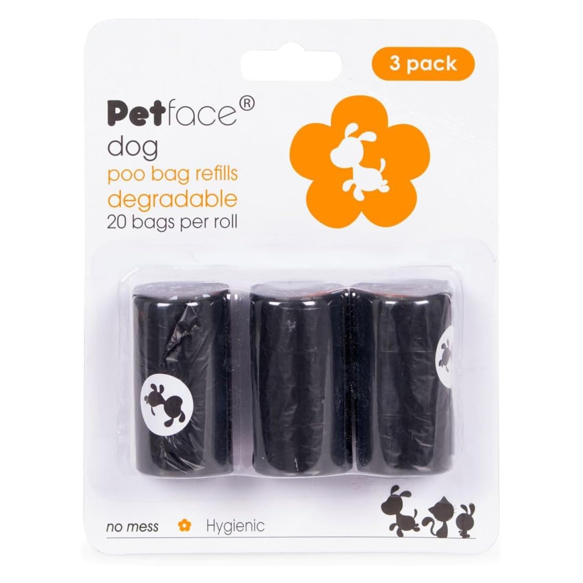 Petface Dog Poop Bag Refills - 60 Degradable Bags Total (3 x 20 Count) | Unscented Plastic 1