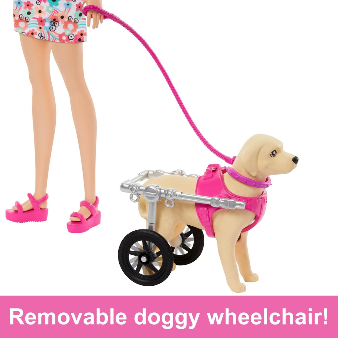 Barbie Doll with 2 Toy Dogs & Pet Accessories, 1 Pup in a Removable Wheelchair w