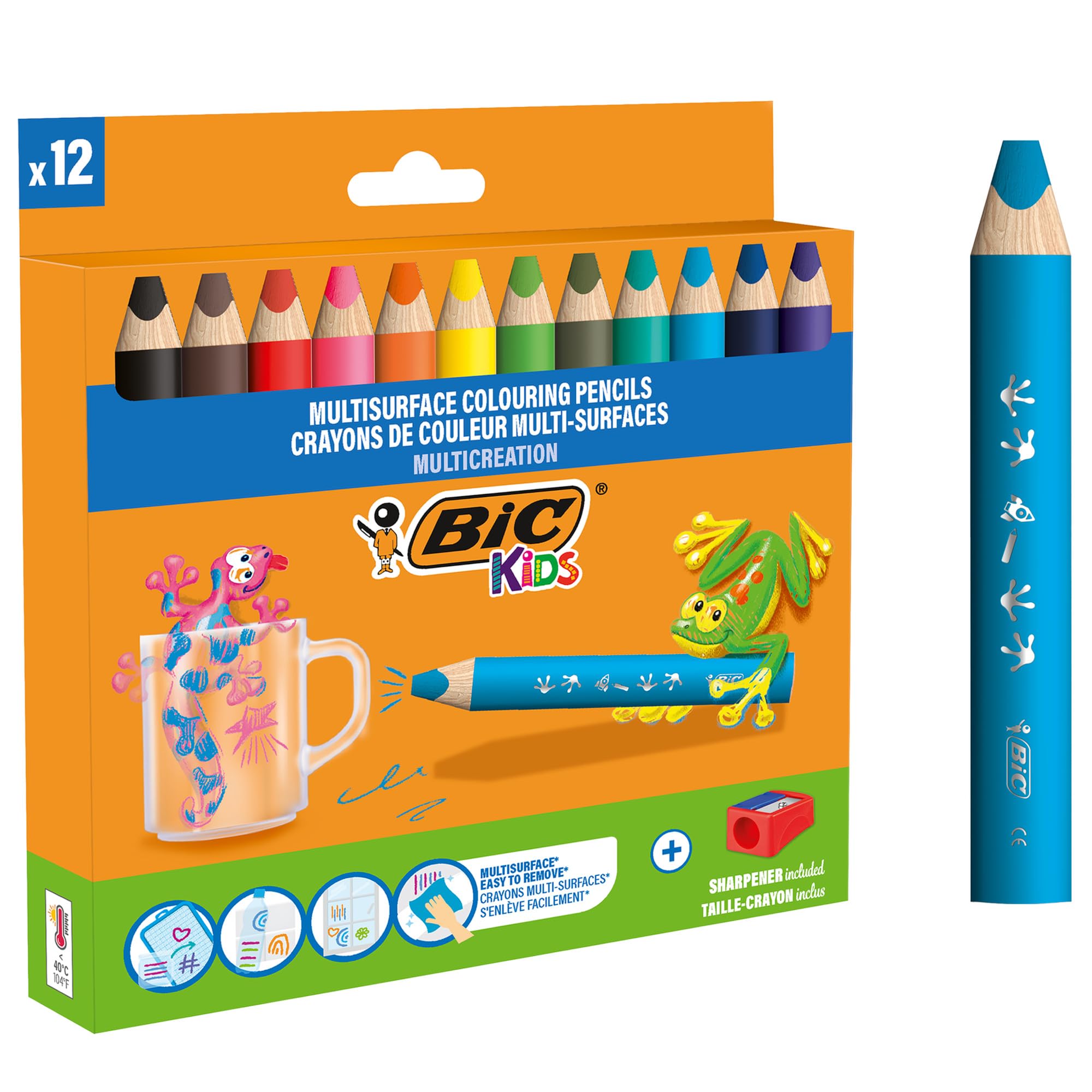 BIC Kids Multisurface Pencils 12pk - Triangular Grip with Sharpener for Drawing on Glass, Whiteboards & More 1