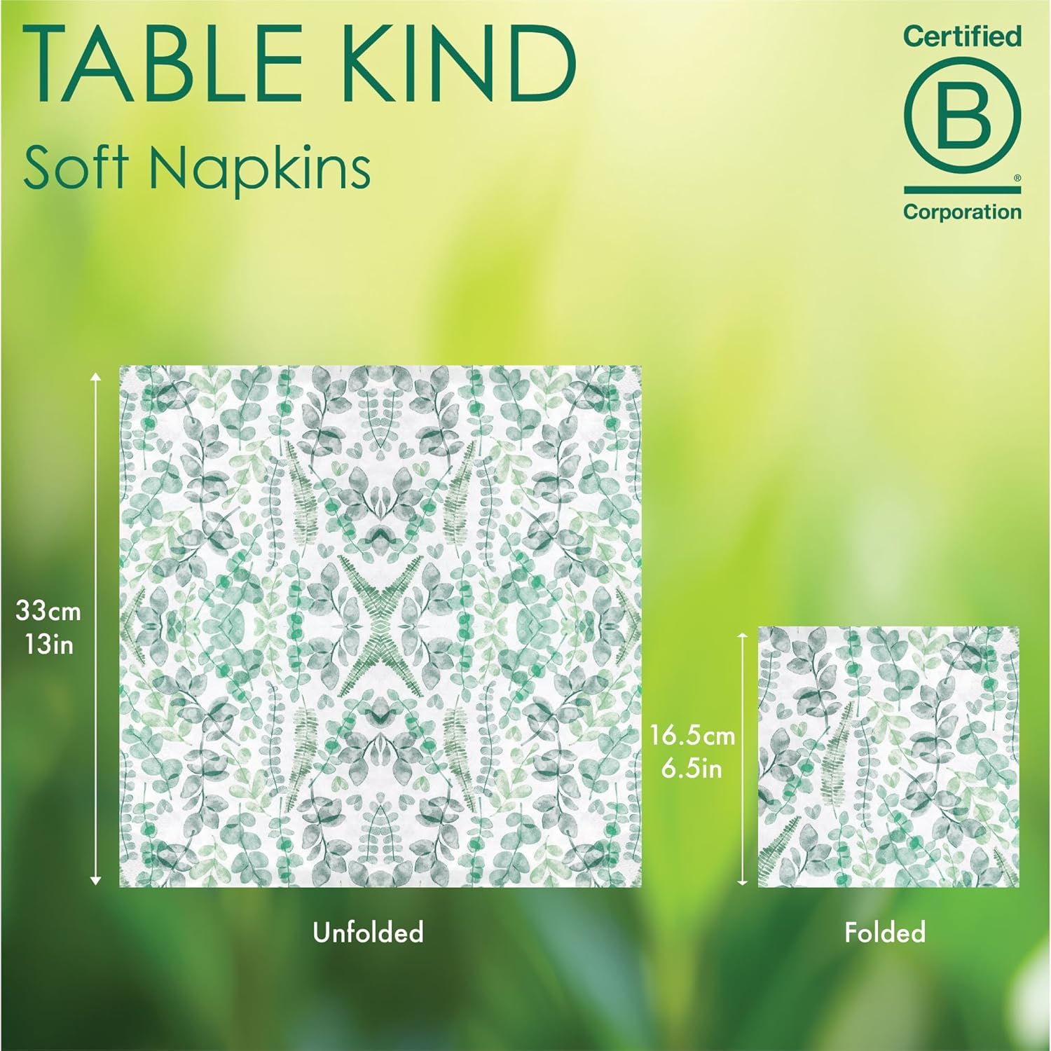 Talking Tables Table Kind Soft Paper Napkins - 100 Pack Eucalyptus Green Leaf Design | 2ply 33cm 3