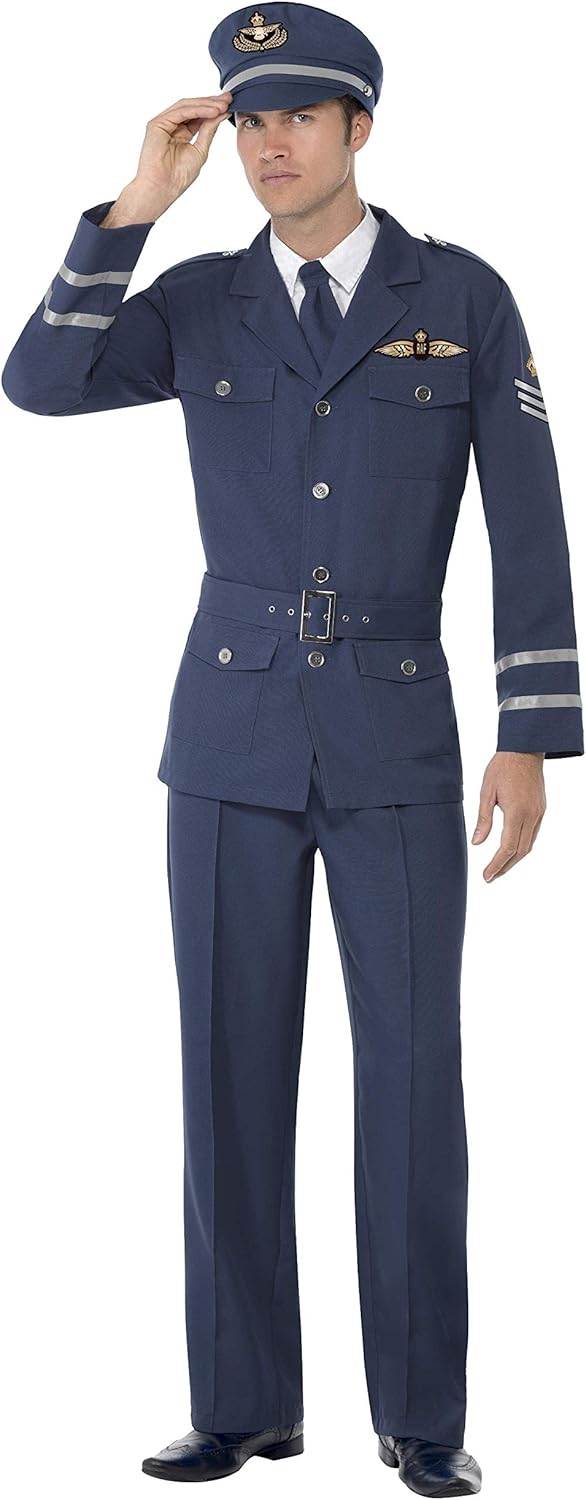 Smiffys WW2 Air Force Captain Costume - Adult Men's Military Fancy Dress Outfit with Trousers, Jacket, Hat & Tie, Size L, 38830