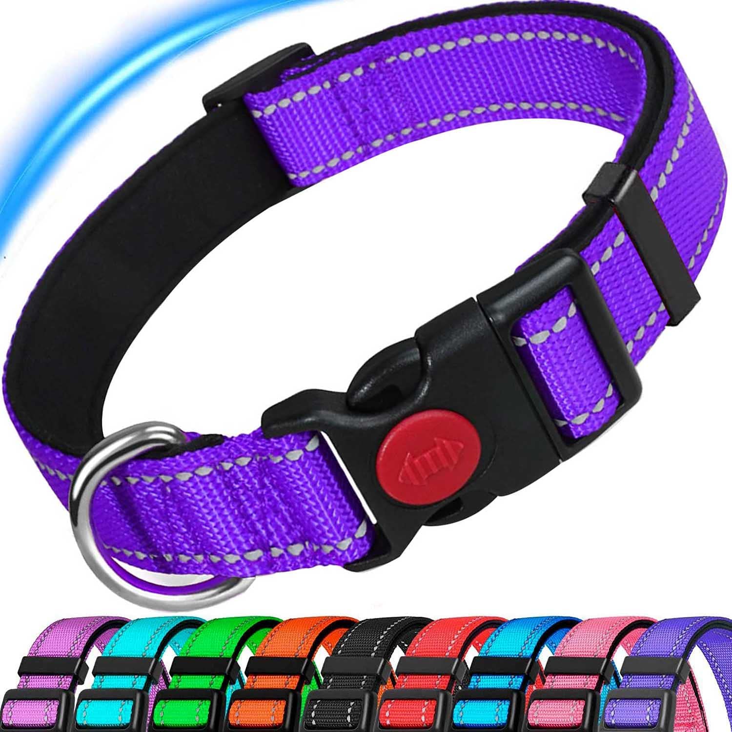 ATETEO Adjustable Dog Collar - Padded Neoprene, Reflective Straps, Quick Release Buckle, Purple, Size M