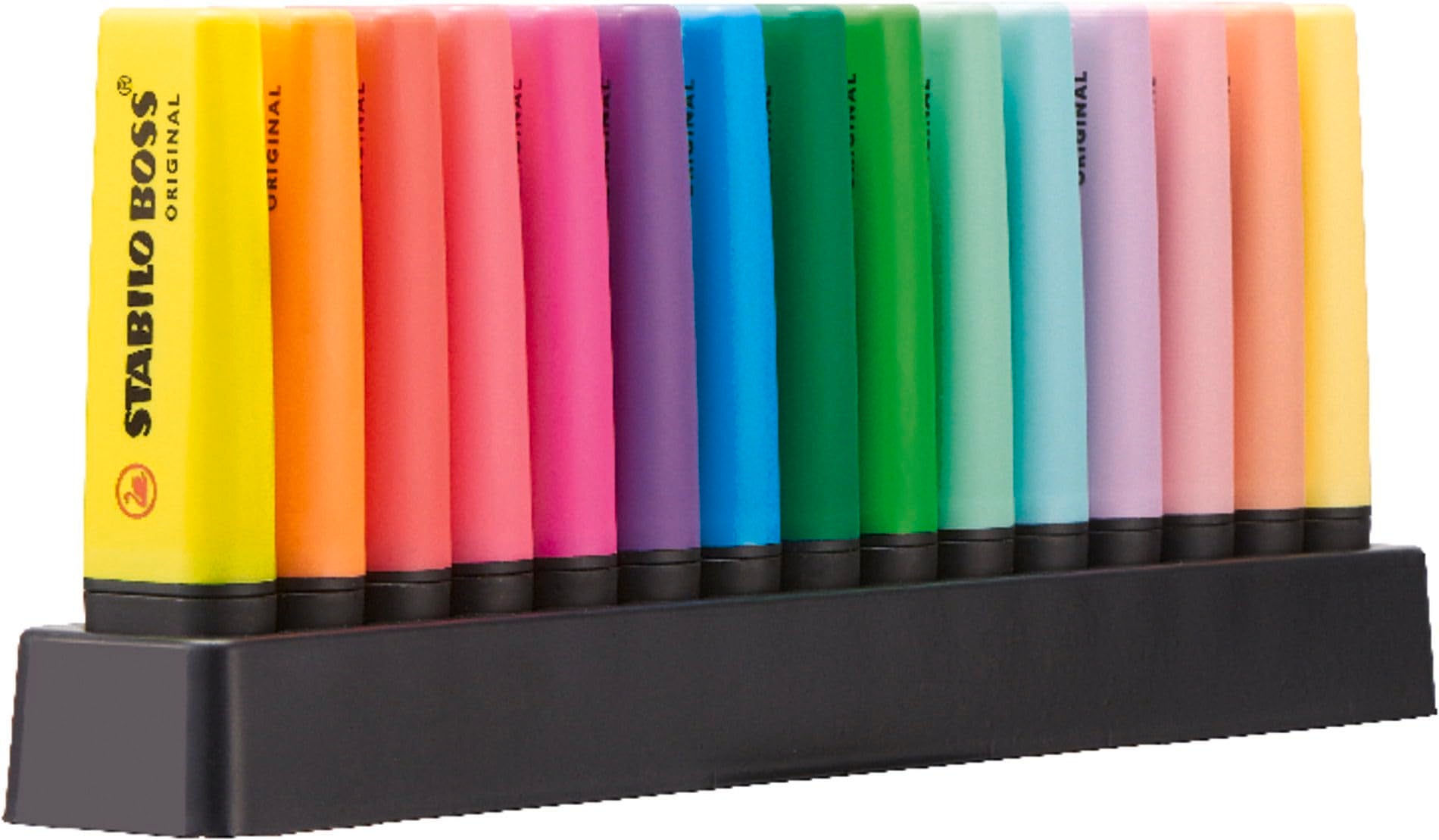 STABILO BOSS ORIGINAL Highlighter - Deskset of 15 (9 Neon, 6 Pastel) | 4 Hour Cap-Off Time | 2mm & 5mm Line Widths