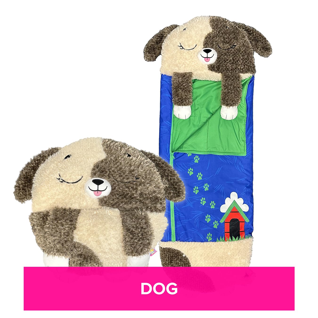 Happy Nappers Kids Sleeping Bag - Brown Dog - 2-in-1 Plush Toy & Sleeping Bag for Children