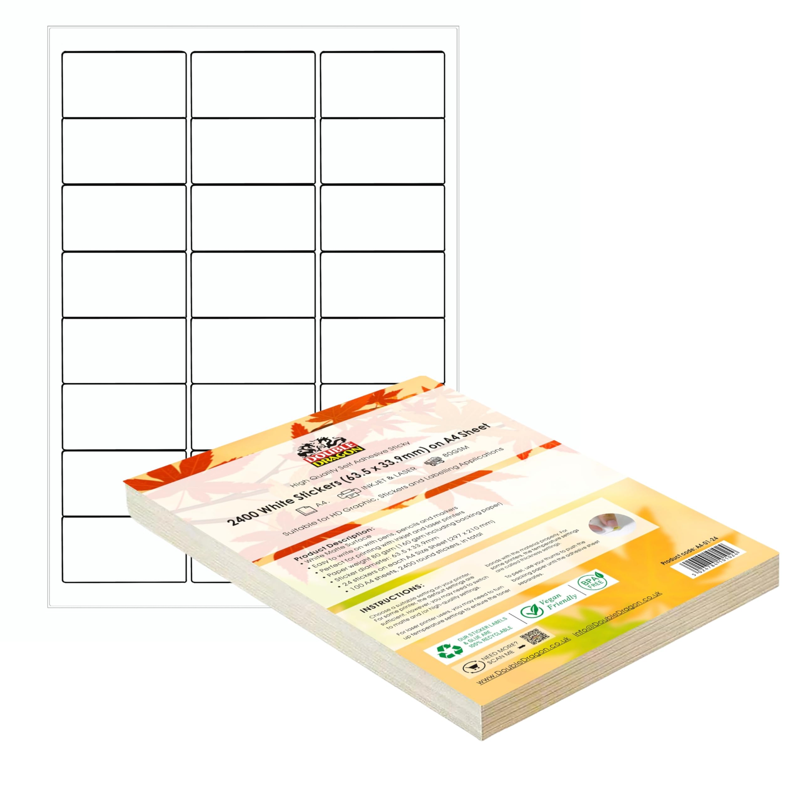 Double Dragon A4 Printer Labels - 2400 Stickers | 63.5 x 33.9mm | Matte White | Compatible with Inkjet & Laser