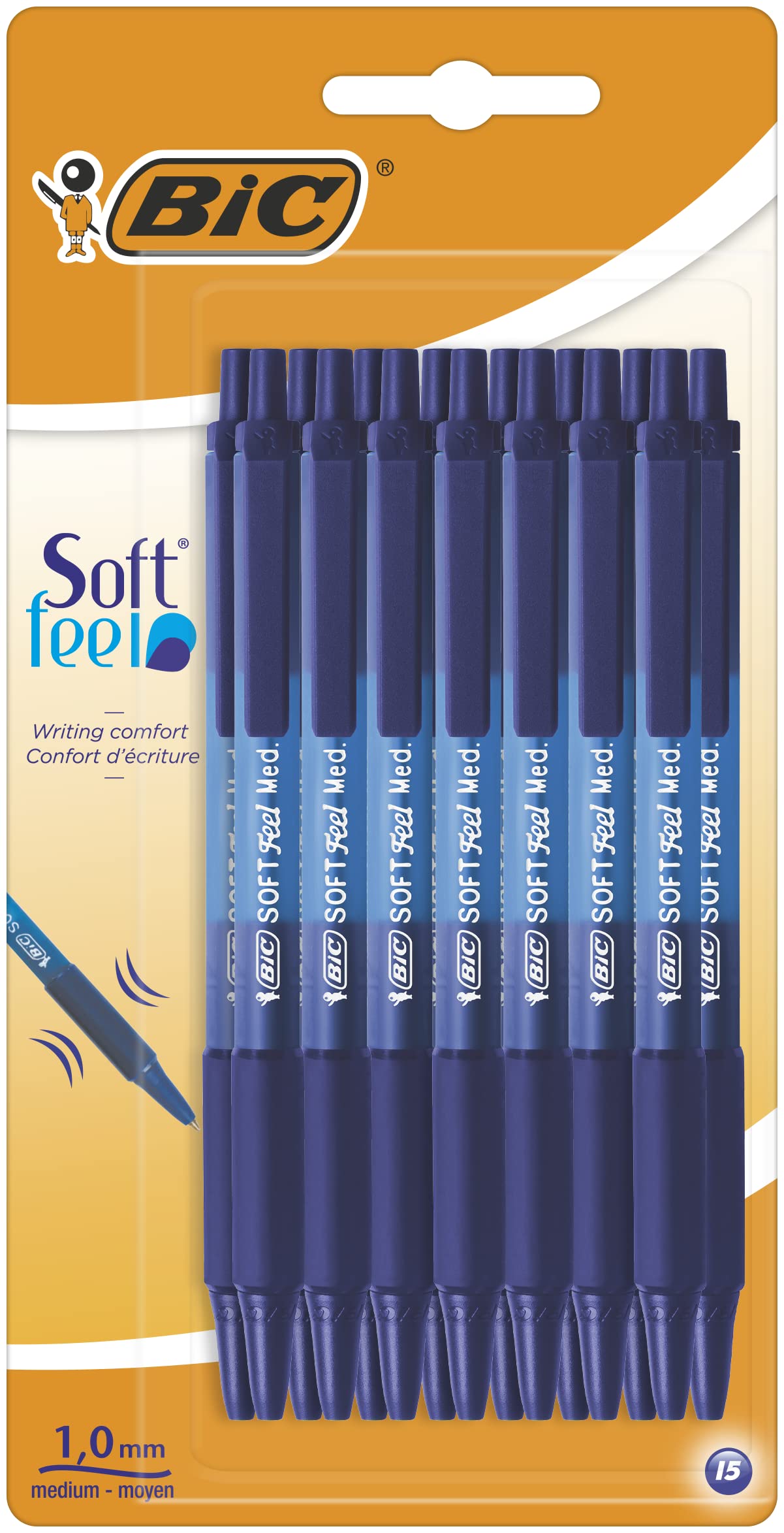 BIC Soft Feel Click Grip Ballpoint Pens, 1.0 mm Retractable Point, Soft-Touch Rubber Grip, Blue, pack of 15 1