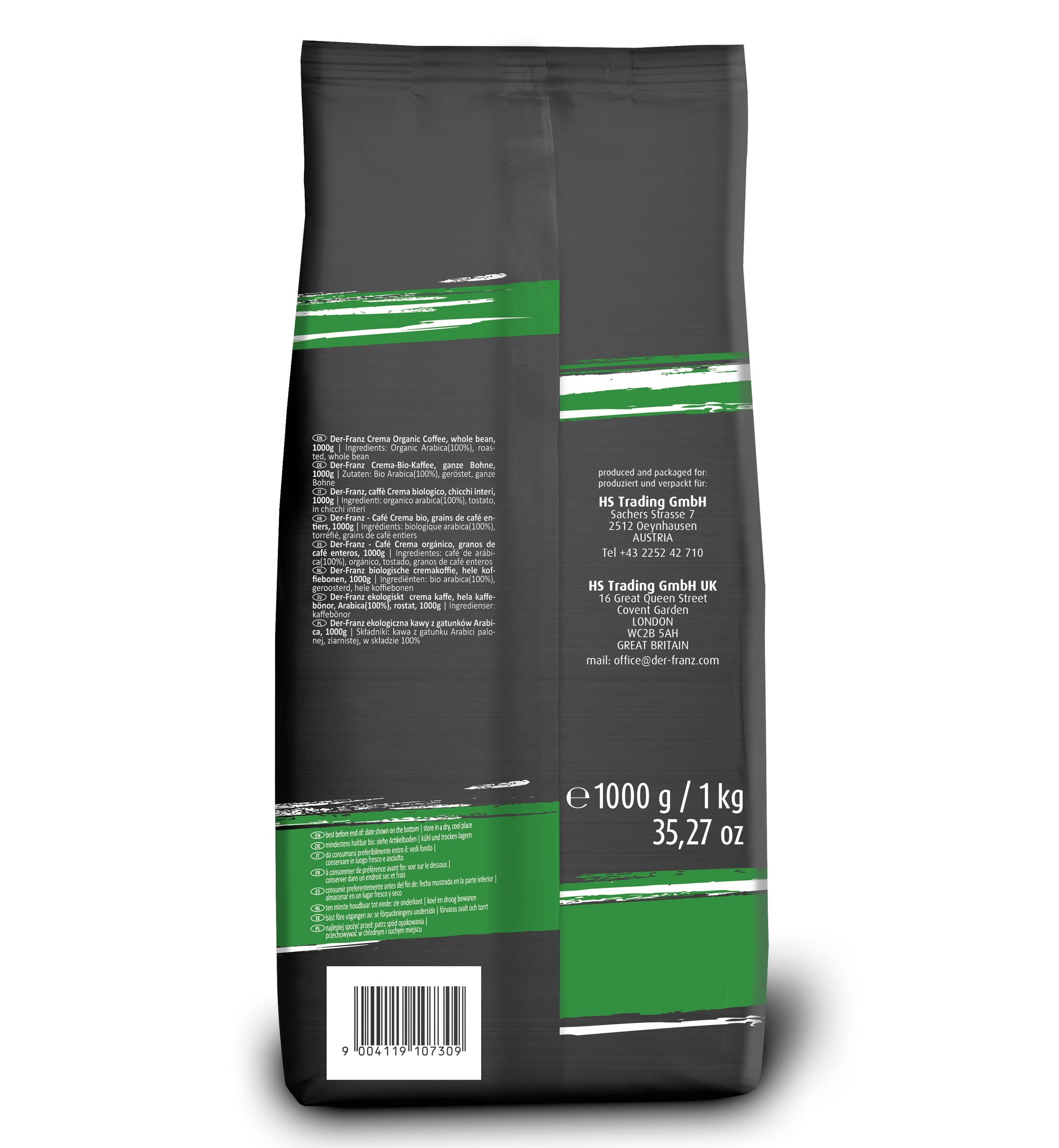 Der-Franz Crema Organic Ground Coffee - 100% Arabica | Intensity 4/5 | 1 kg