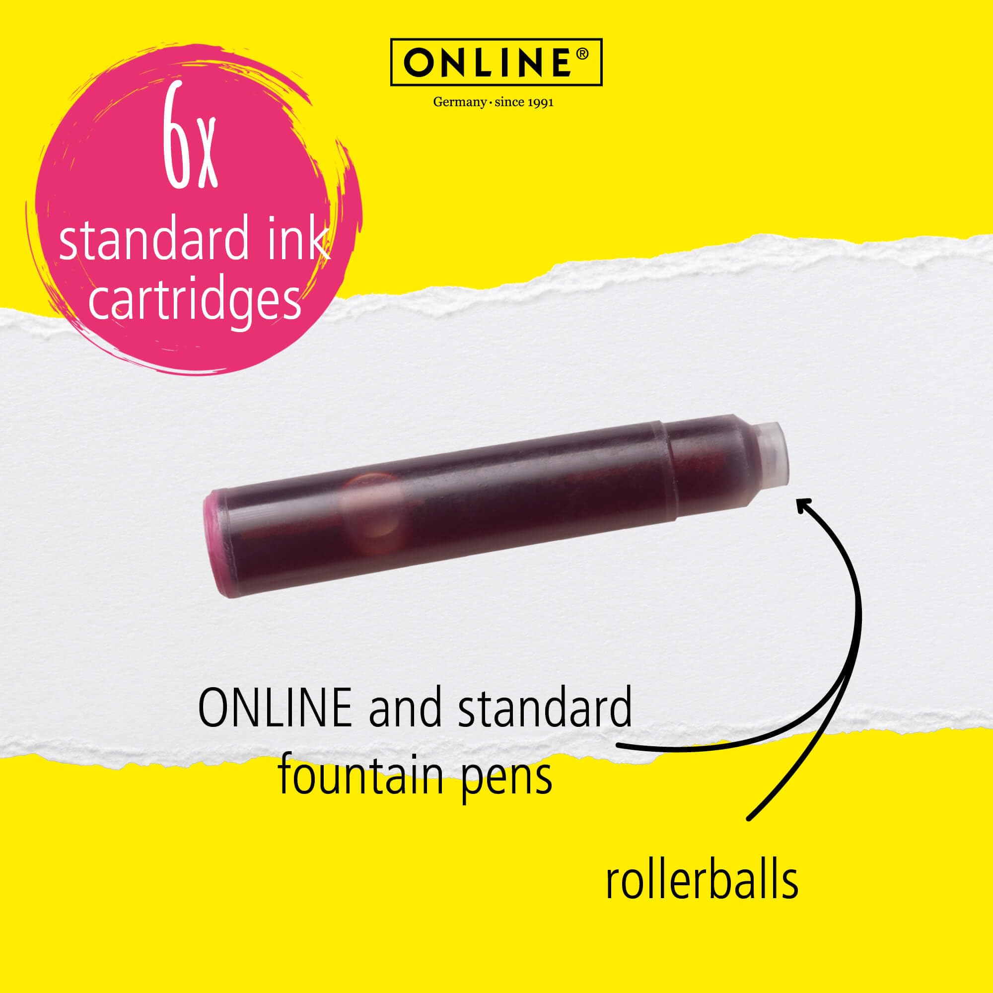 Online Standard Fountain Pen Ink Cartridges - Universal Fit, Pink Color | 6 Pack