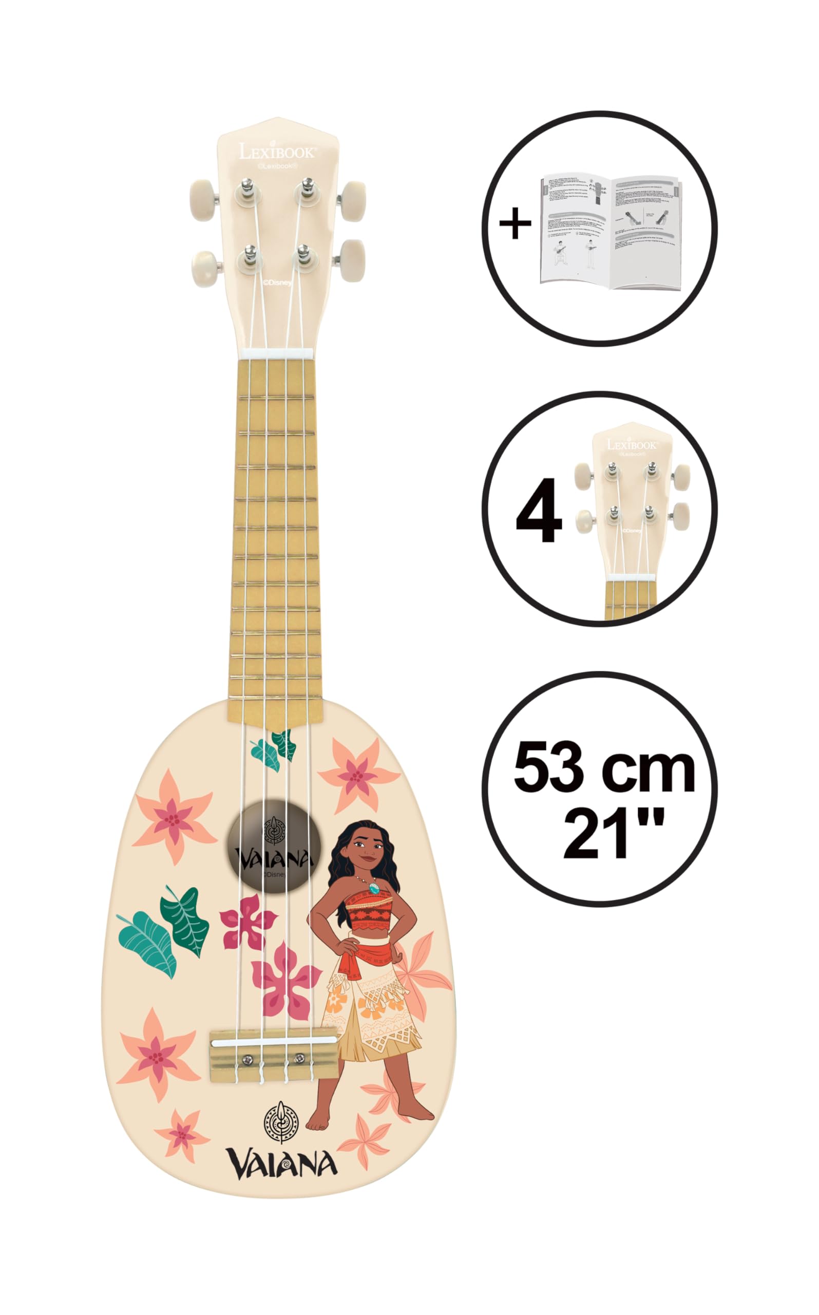 Lexibook Disney Moana My First Wooden Ukulele - 4 Nylon Strings, 53 cm