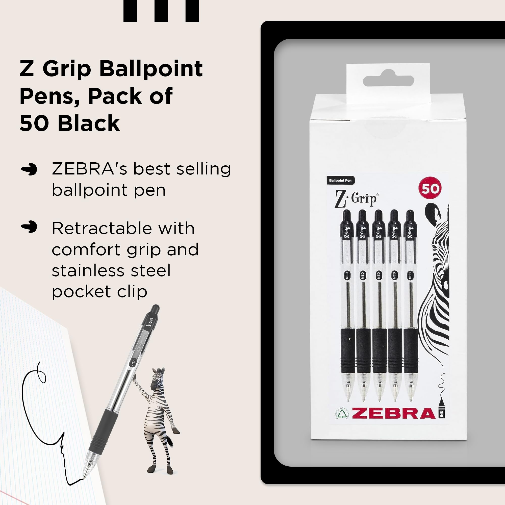 Zebra Pen Z Grip Ballpoint Pens - 50 Count Black Ink, Medium Point, Retractable | Soft Ribbed Grip 3