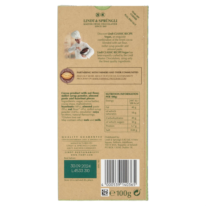 Lindt Vegan Chocolate Bar with Hazelnut, Almond & Oat Drink Powder, 100g