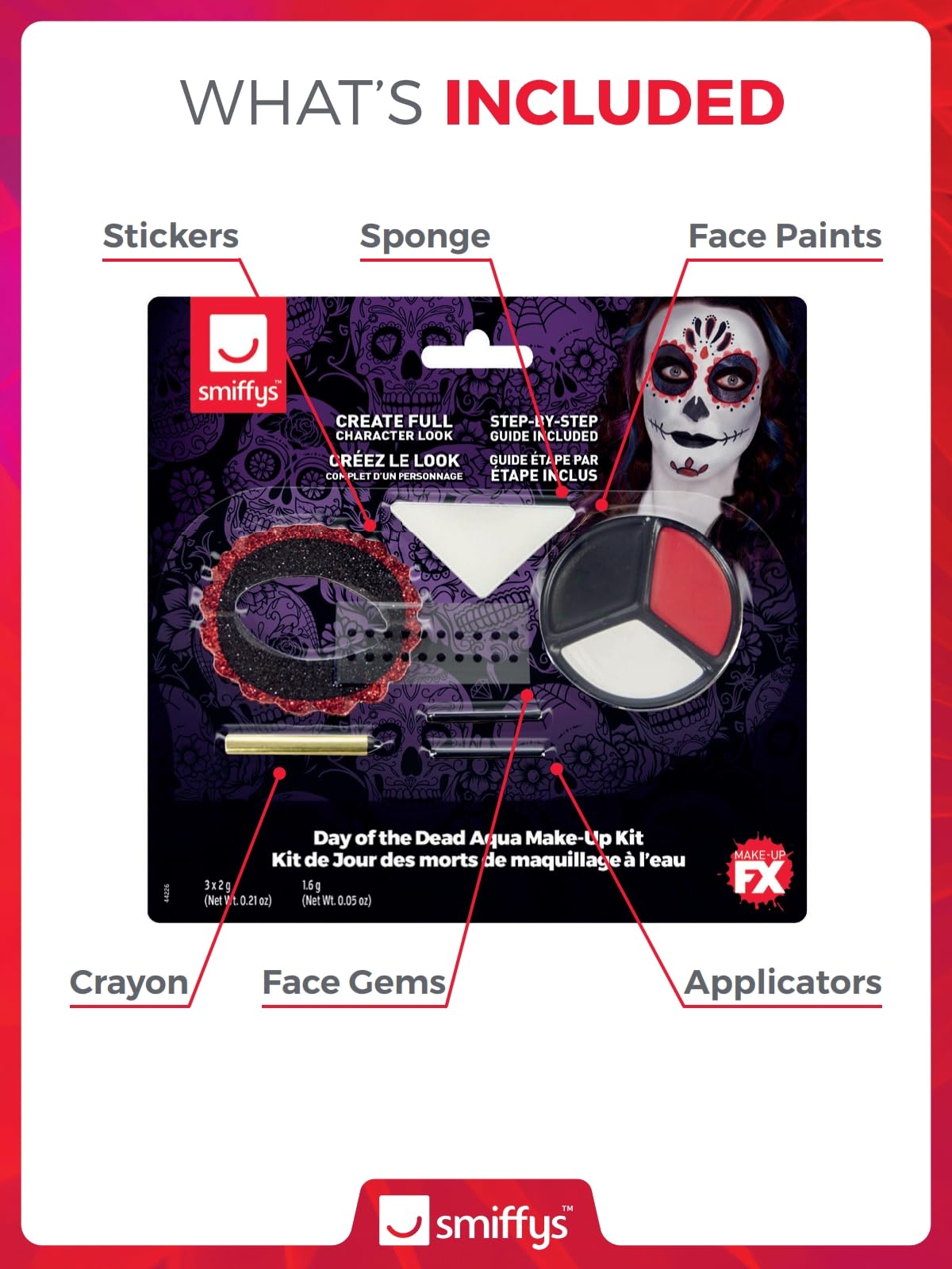 Day of the Dead Make-Up Kit with Face Paints, Face Tattoo, Gem Stickers, Crayon & Applicators 3