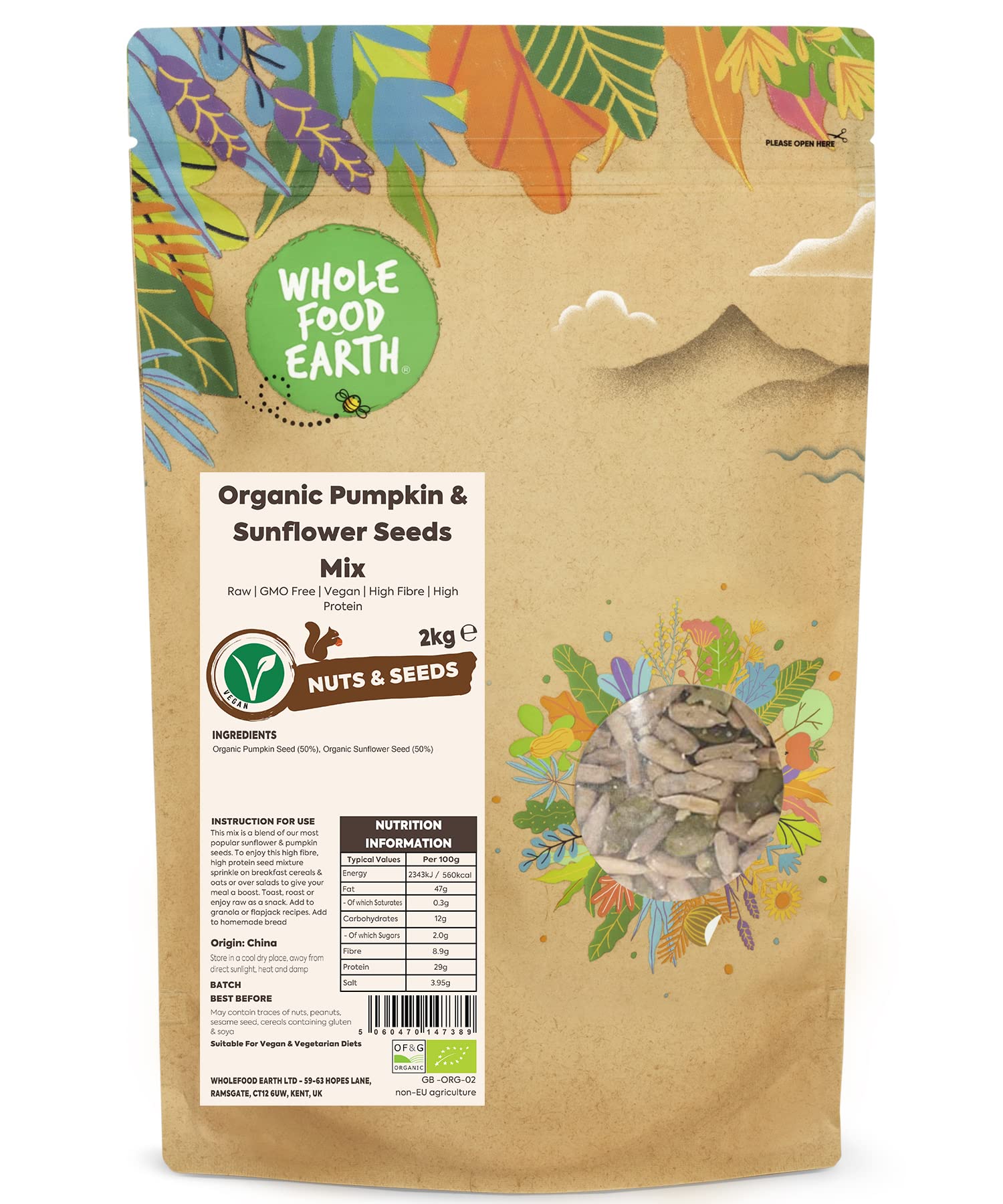 Wholefood Earth Organic Pumpkin & Sunflower Seeds Mix - Raw | 2kg | GMO Free