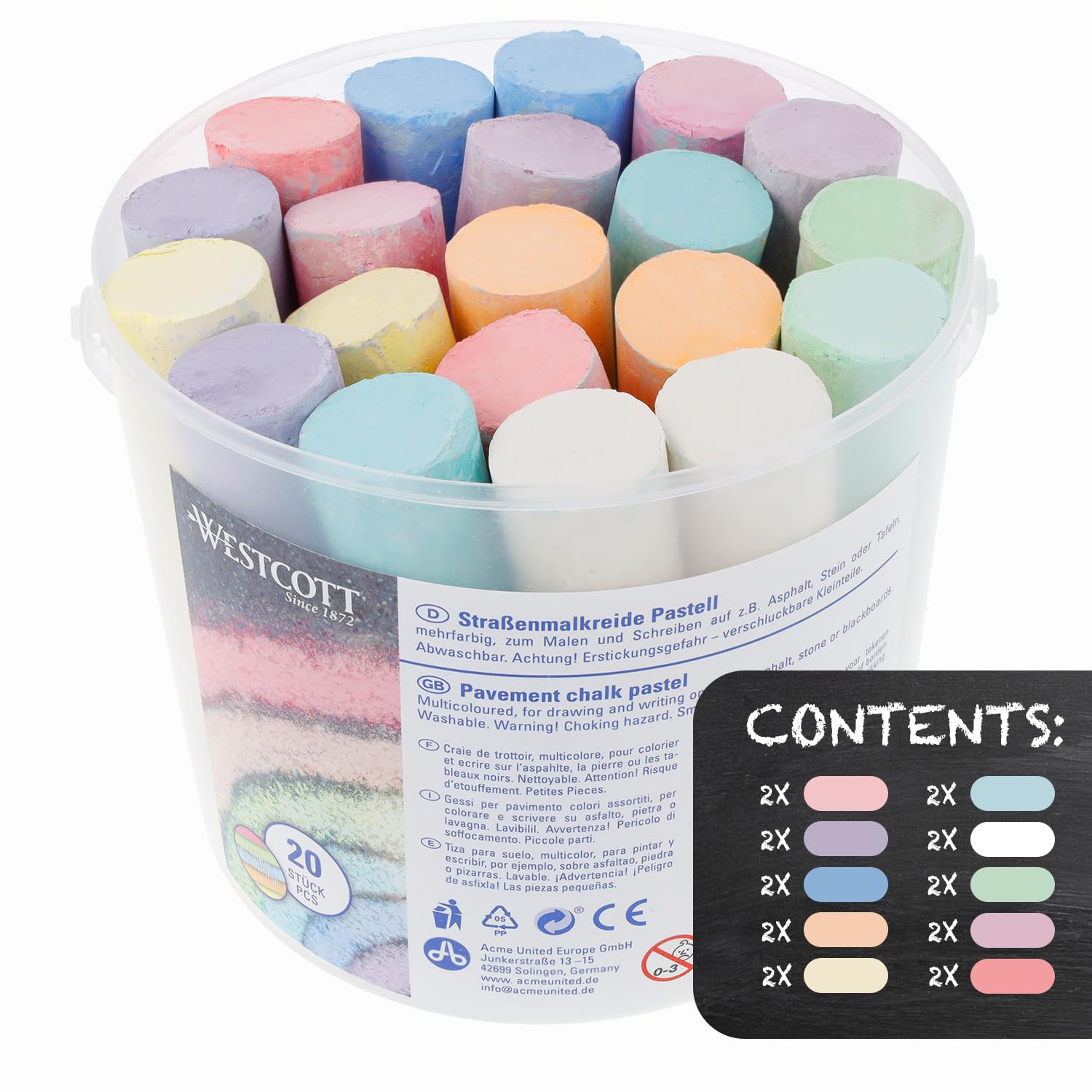Westcott Pavement Chalk - 20 Colorful Pastel Pieces in Carrying Bucket | Non-Toxic, Washable 3
