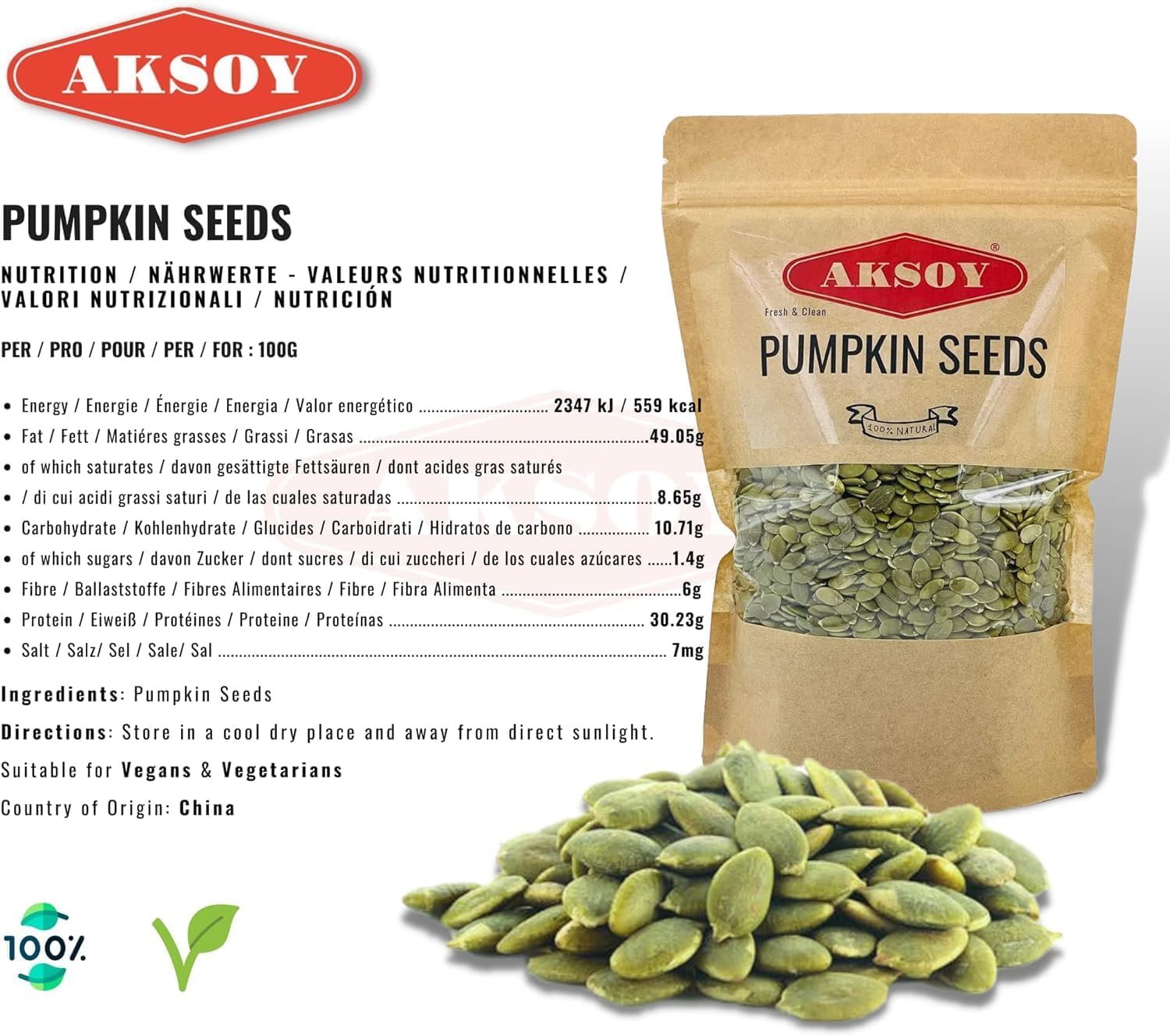 AKSOY Raw AA Grade Pumpkin Seeds - Premium Quality, GMO-Free, Vegan | 1kg