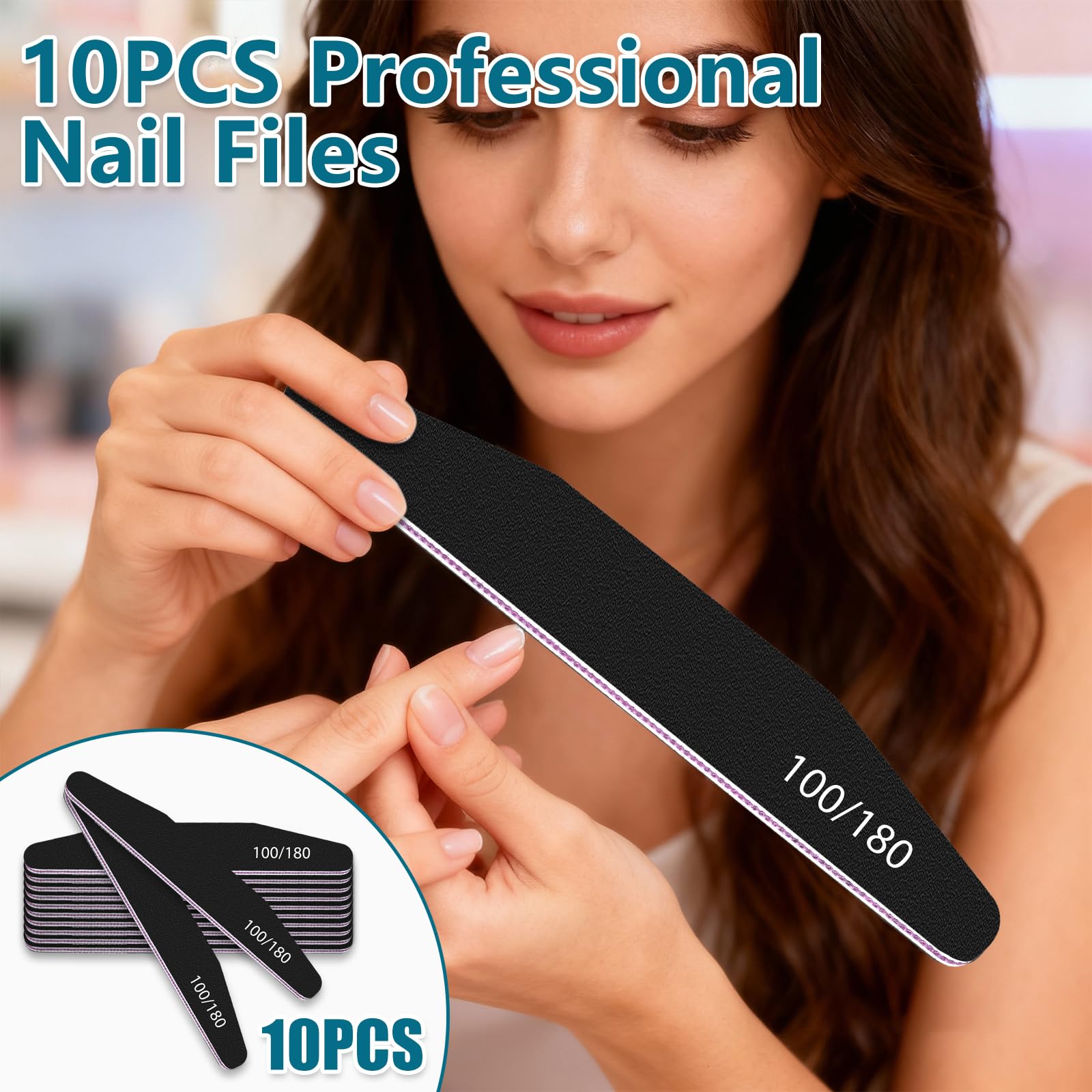 elzle Professional Nail Files Set - 10 Pcs Double-Sided 100/180 Grit Emery Board