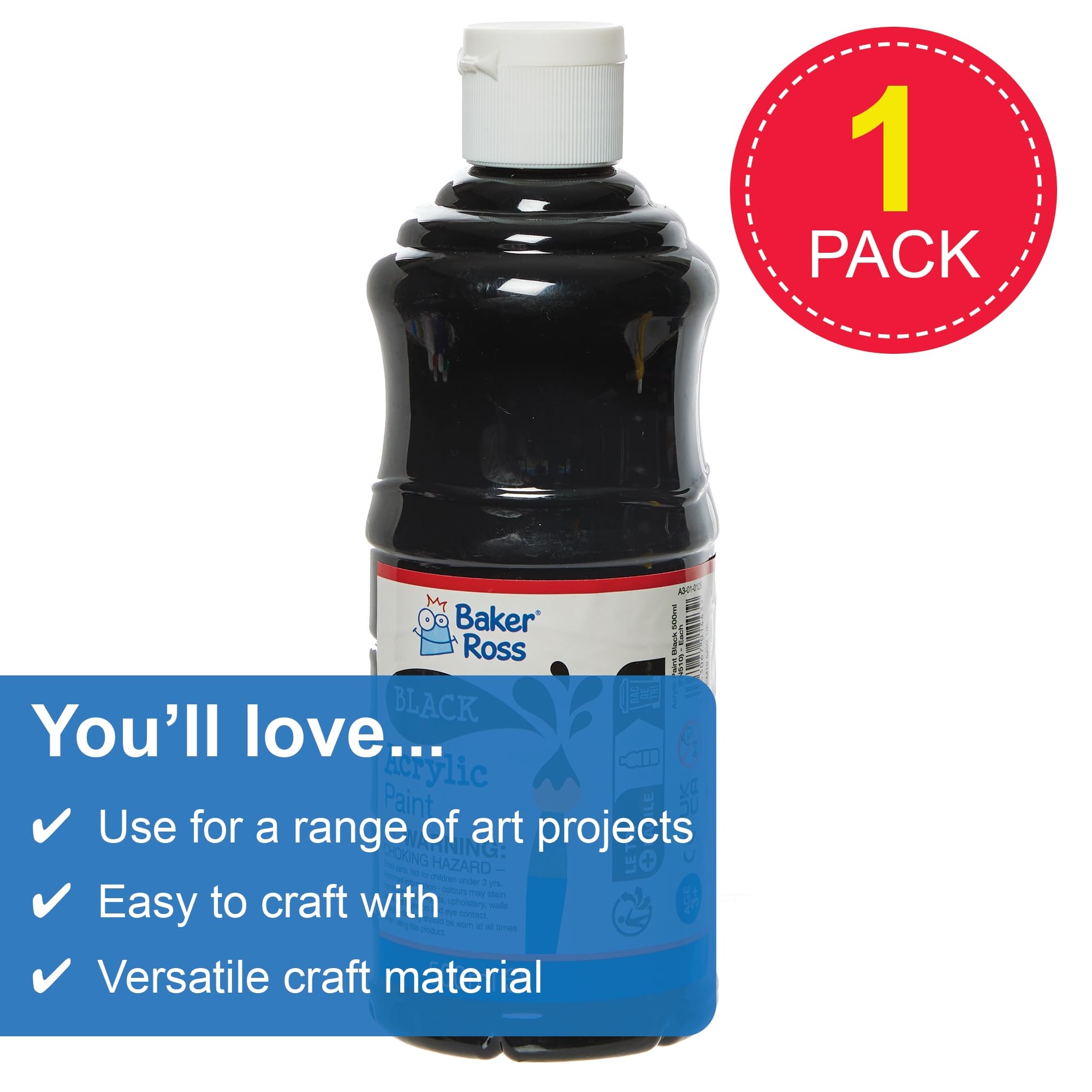 Baker Ross FN510 Black Acrylic Paint 500ml - Water-Based & Washable for Kids' Crafts