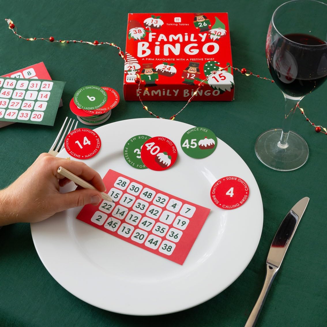 Talking Tables Christmas Family Bingo Game with Festive Red, Green, Gold & Silver Design 5