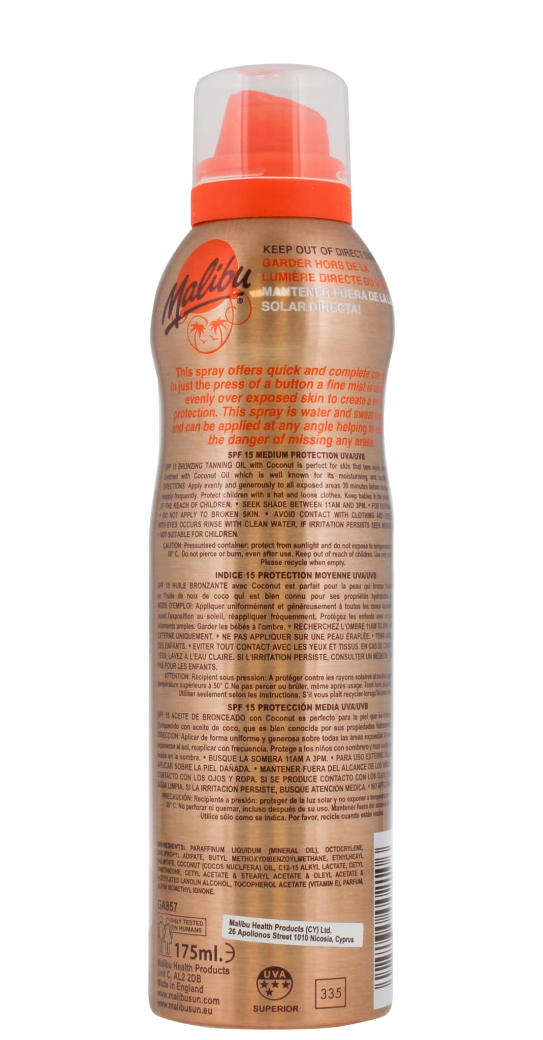 Malibu SPF 15 Continuous Tanning Oil Coconut Spray - 175 ml, Pack of 2