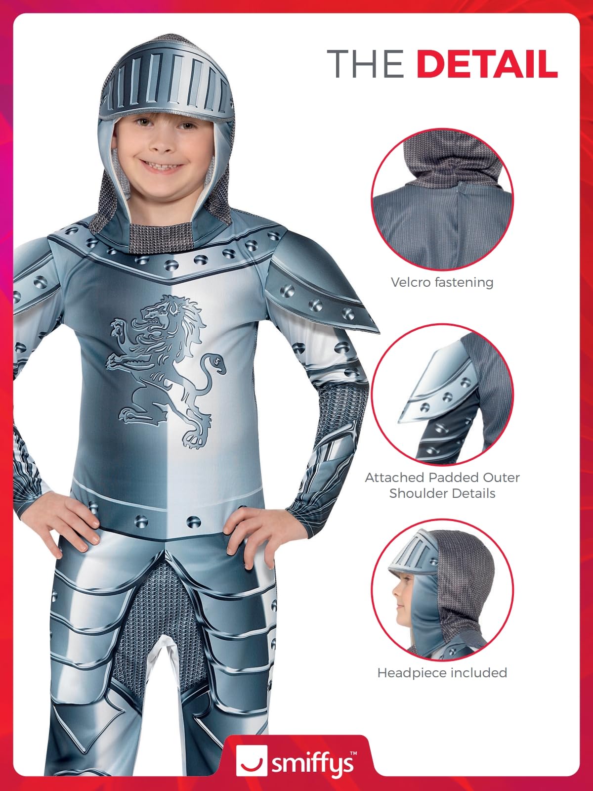 Smiffys Deluxe Armoured Knight Costume - Grey Jumpsuit & Headpiece, Digital Print, Ages 4-6 6