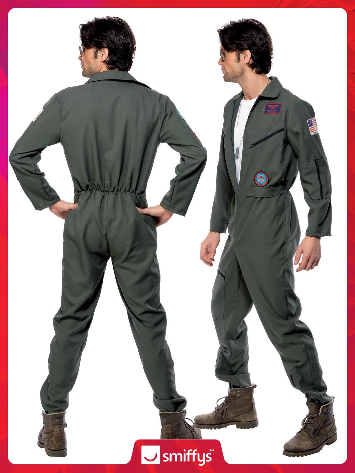 Smiffys Top Gun Costume - Official Licensed Adult Green Jumpsuit with Glasses & Badges | Size L (42'-44') 4