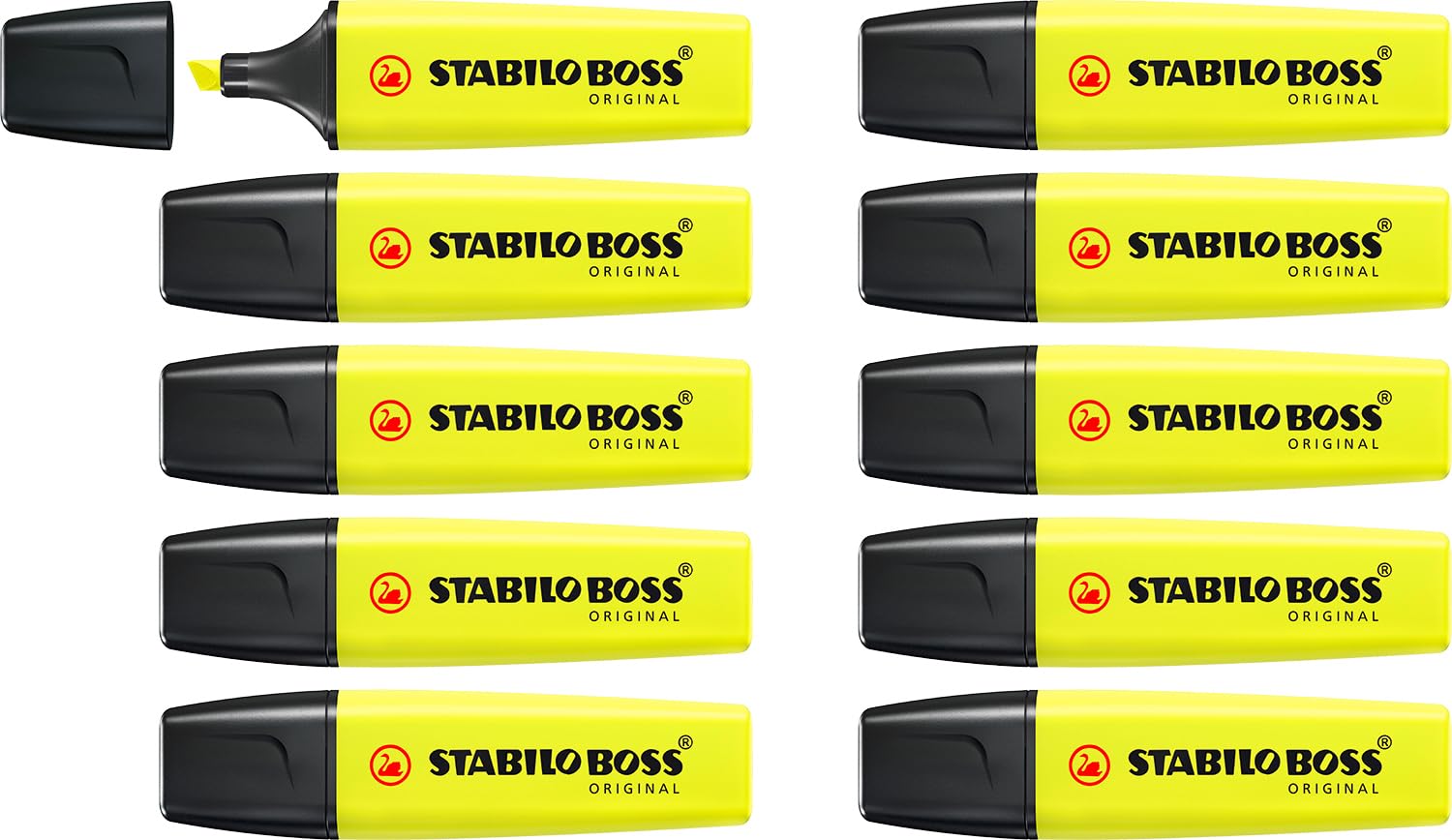 STABILO BOSS ORIGINAL Highlighter - Box of 10 Yellow | 2mm & 5mm Line Widths | Anti-Dry Out