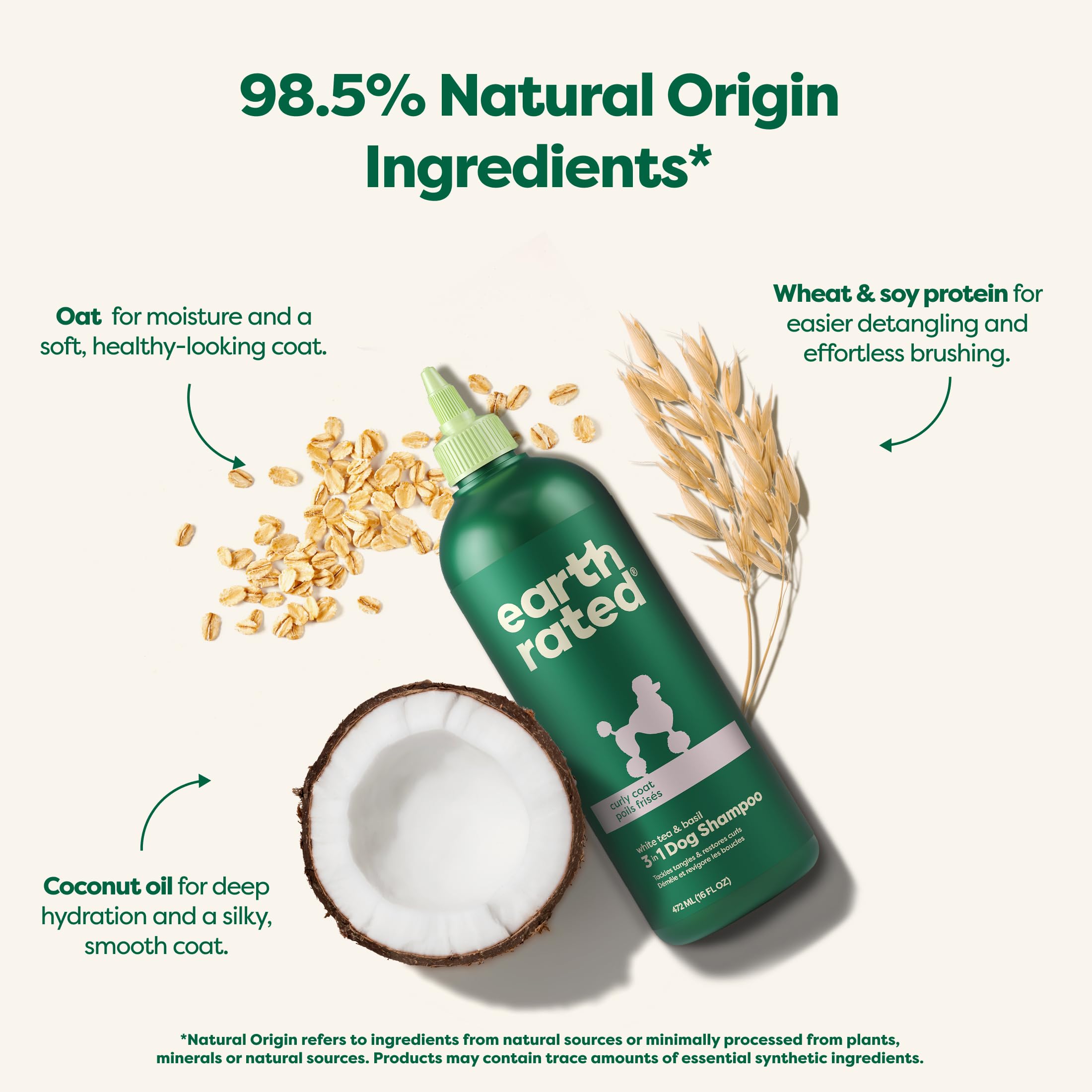 Earth Rated 3-in-1 Detangling Dog Shampoo and Conditioner with Oatmeal | White Tea & Basil Scent | 473ml 3