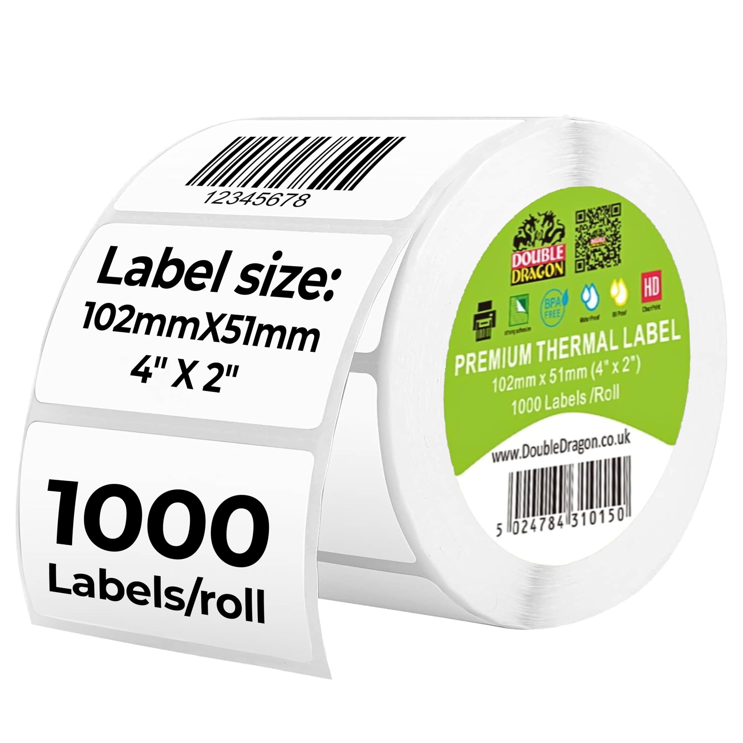 Double Dragon Direct Thermal Printer Labels - 101mm x 50.4mm | 1,000 Labels/Roll | Waterproof & Oilproof