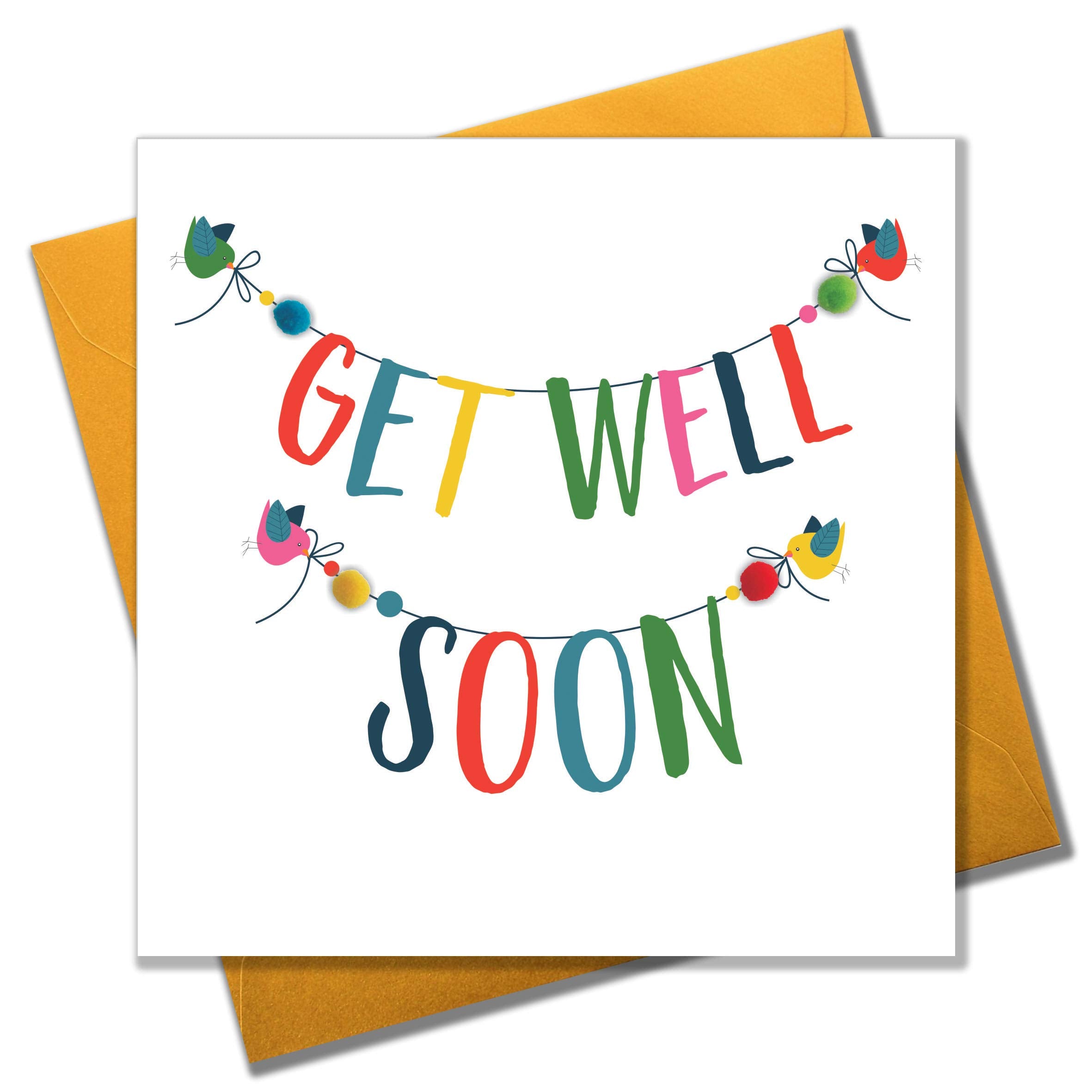 Claire Giles Greeting Cards Get Well Soon Card with Colourful Pompoms | 150x150mm | Blank Inside
