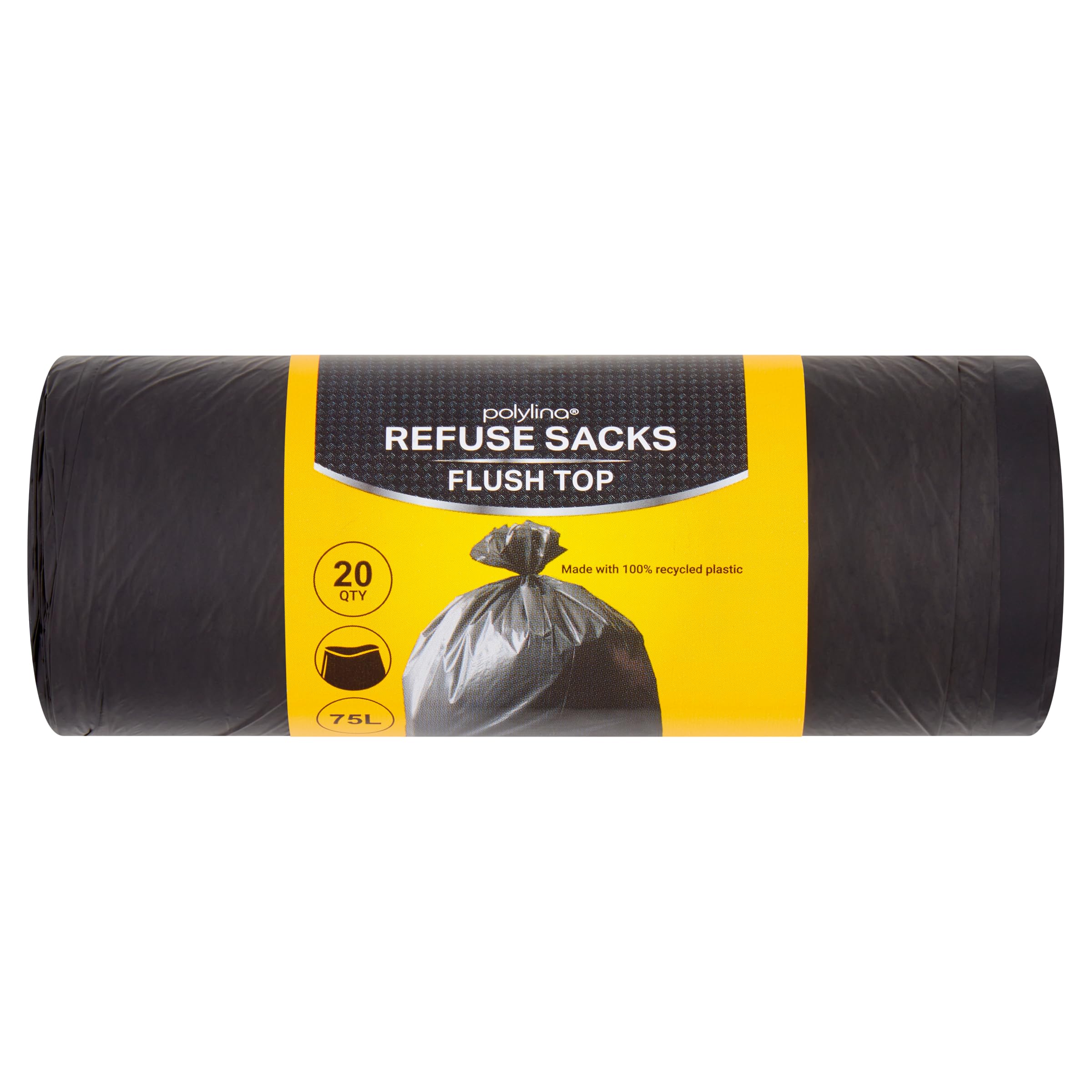 Polylina 75L Flush Top Refuse Sacks - 20 Count Black Bin Liners | Made with 70% Recycled Plastic 1