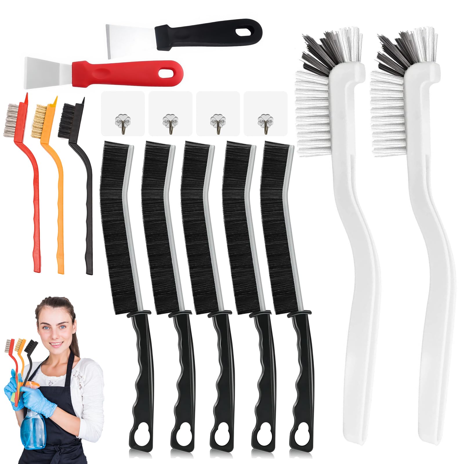 Woobroo 16-in-1 Crevice Cleaning Brush Set - Hard Bristle Grout Cleaner & Spatula Tool