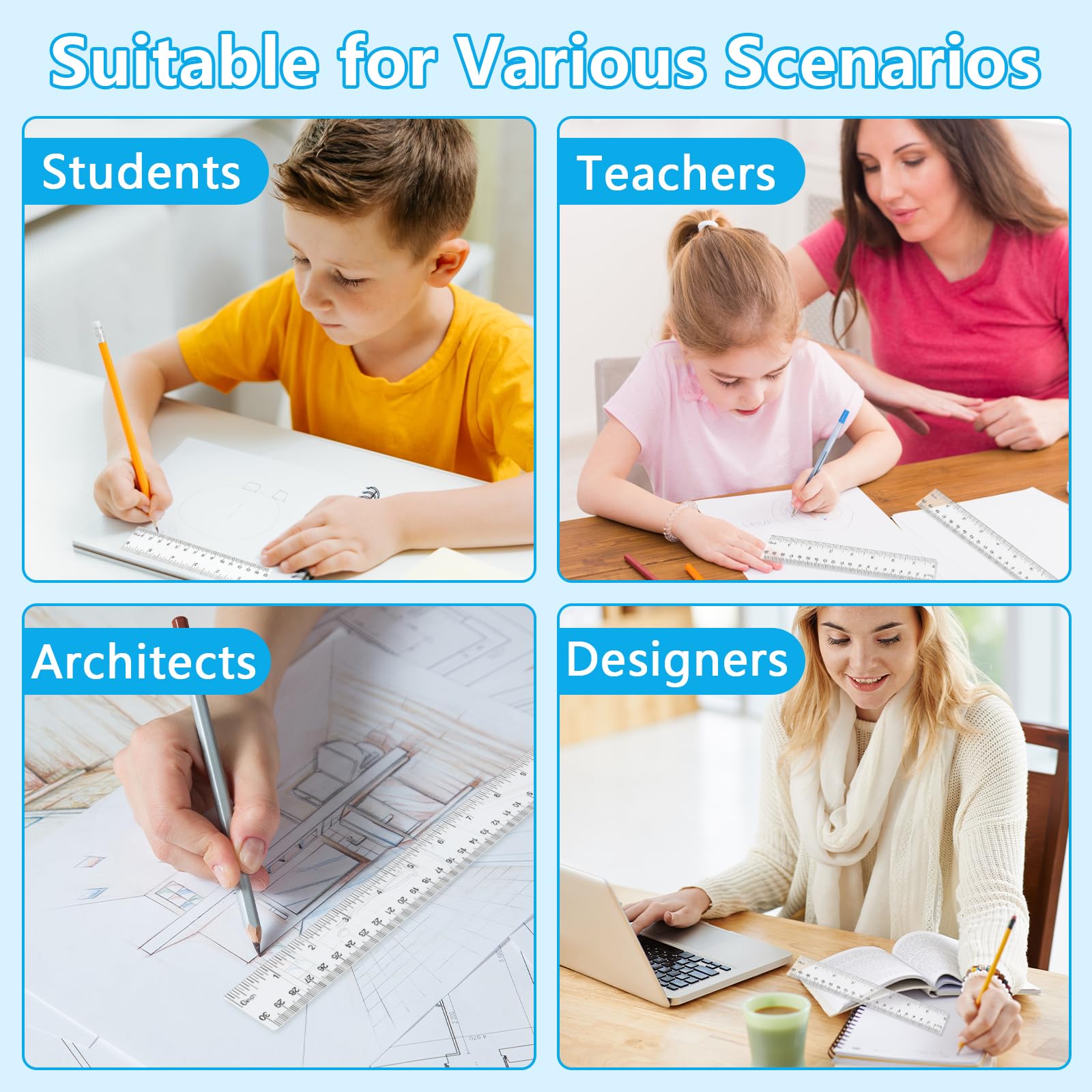 MOXYOY Plastic Ruler Set - 4 Pcs 30cm/12in Clear Dual Scale for School & Office 7