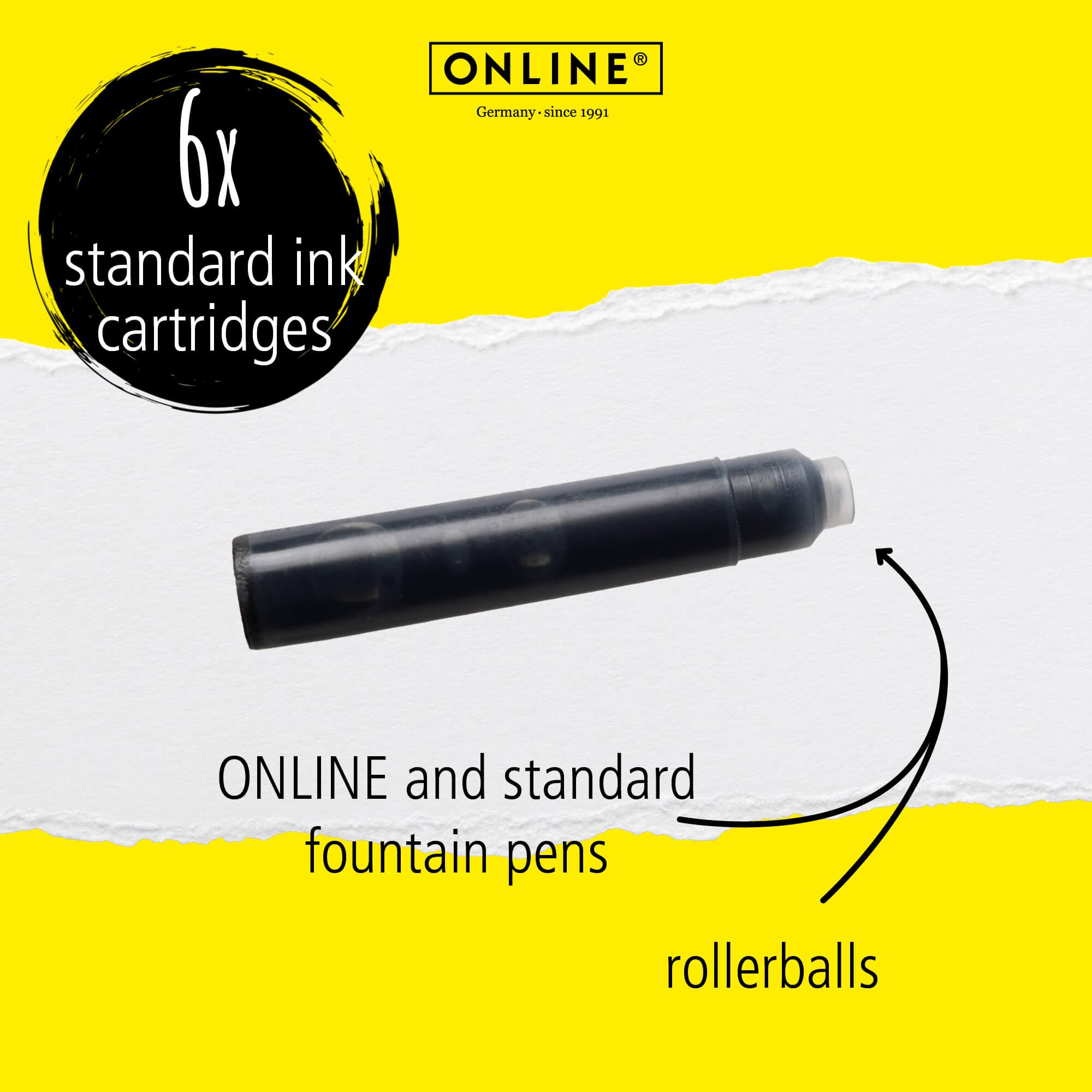 Online Standard Fountain Pen Ink Cartridges - Universal Fit, Black Ink | 6 Pack
