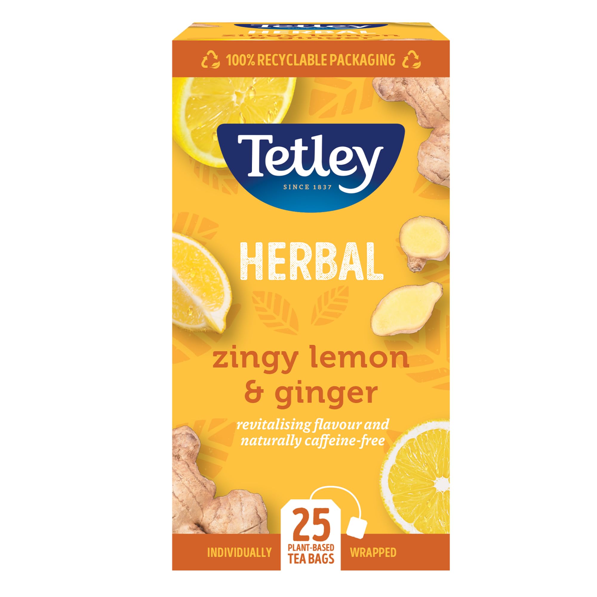 Tetley Zingy Lemon & Ginger Herbal Tea Bags - Naturally Caffeine-Free | 25 Count