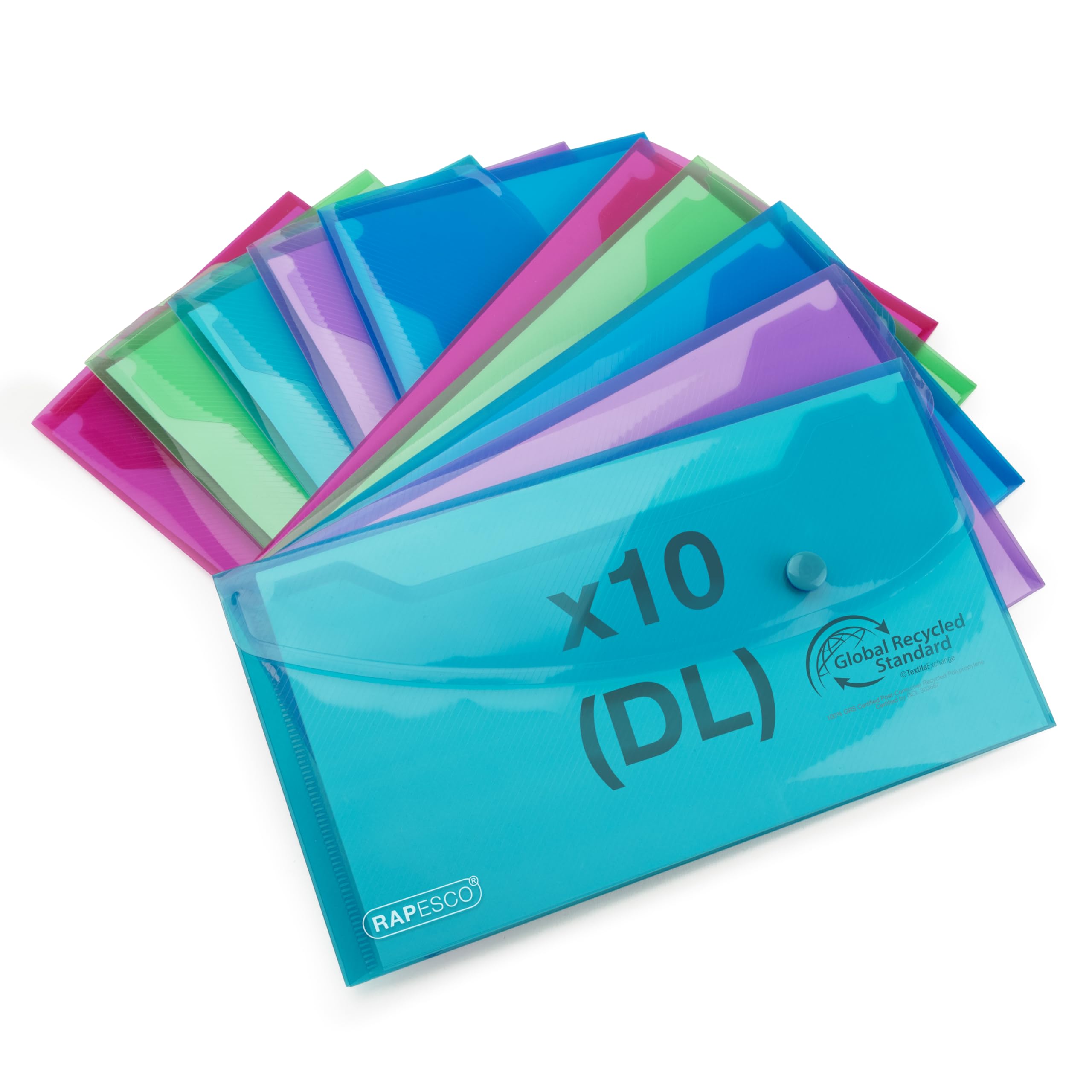 RAPESCO 1844 ECO Recycled Popper Wallets - DL Size, Assorted Bright Transparent, Pack of 10 1
