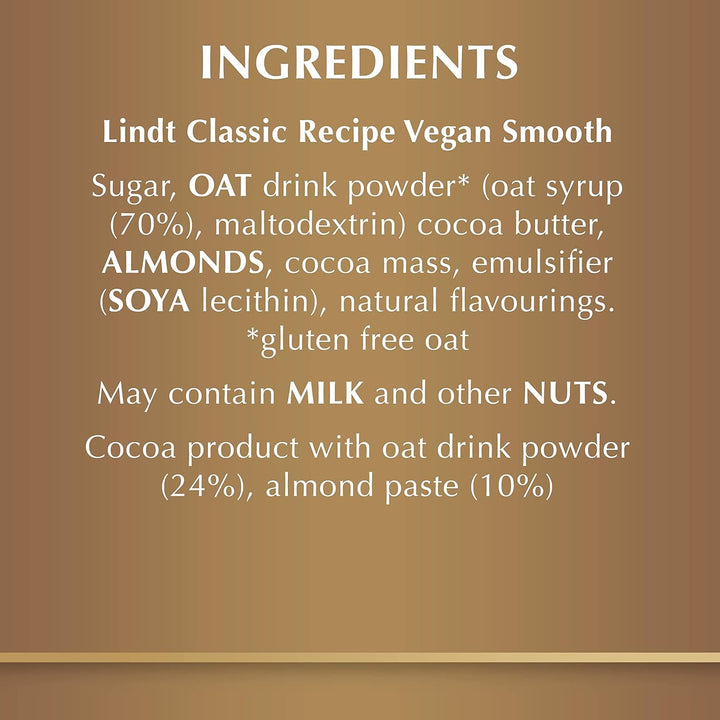 Lindt Classic Recipe Vegan Chocolate Bar, 100g - Creamy Oat Milk Chocolate with Almonds