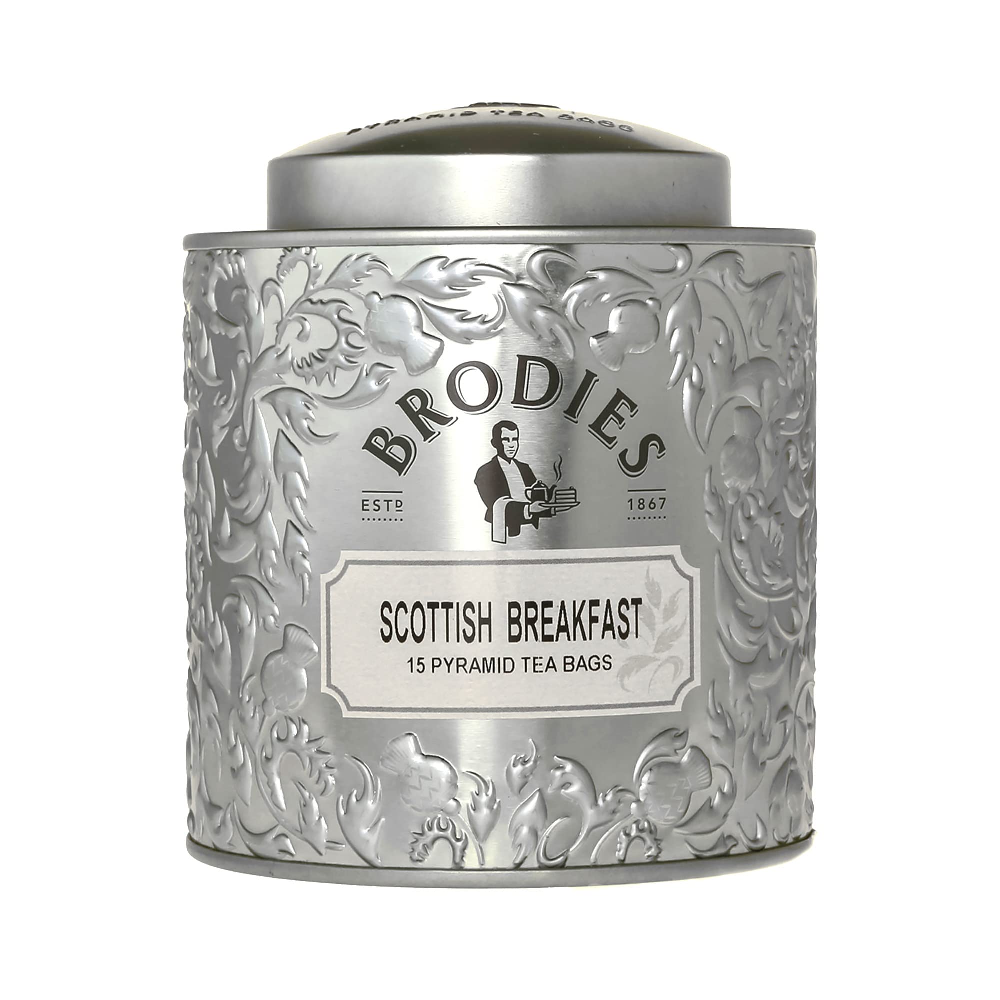 Brodies Scottish Breakfast Tea - 15 Pyramid Tea Bags in Reusable Silver Gift Tin