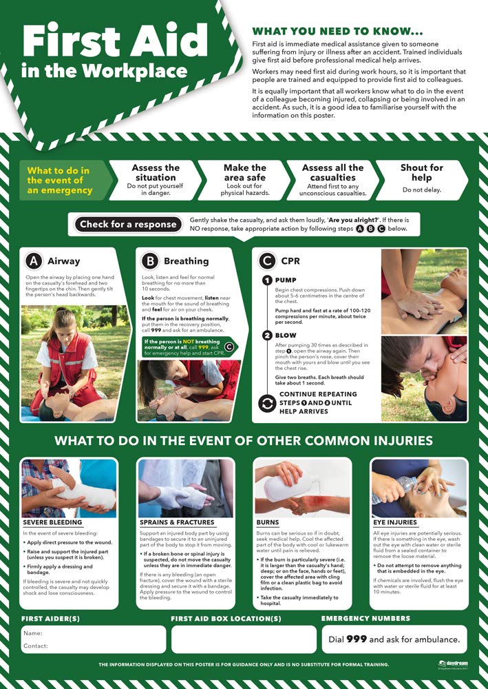 Daydream Education Workplace First Aid Poster - Large A2 Size | Laminated Gloss Paper