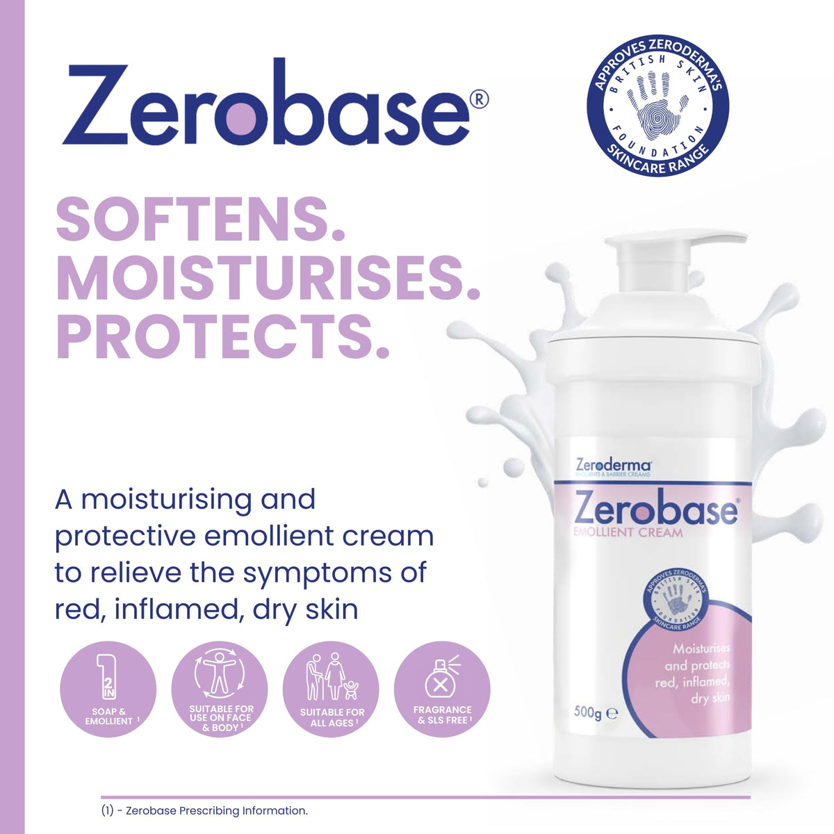 Zeroderma Zerobase Emollient Cream 2-in-1 Moisturiser & Soap Substitute - 500 g