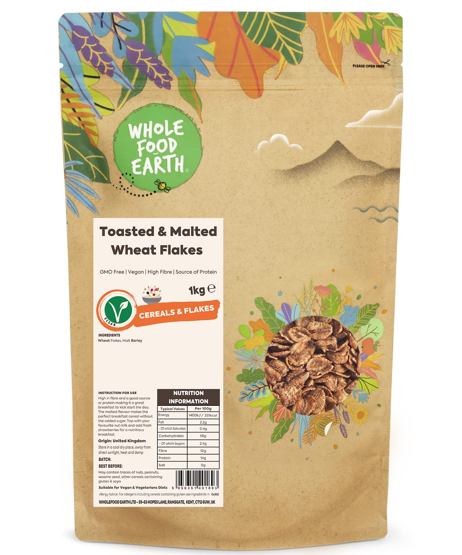 Wholefood Earth Toasted and Malted Wheat Flakes 1 kg | GMO Free | High Fibre | Vegan