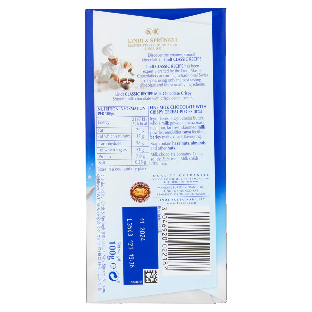 Lindt - Classic Recipe Crispy Milk Chocolate Bar 100g