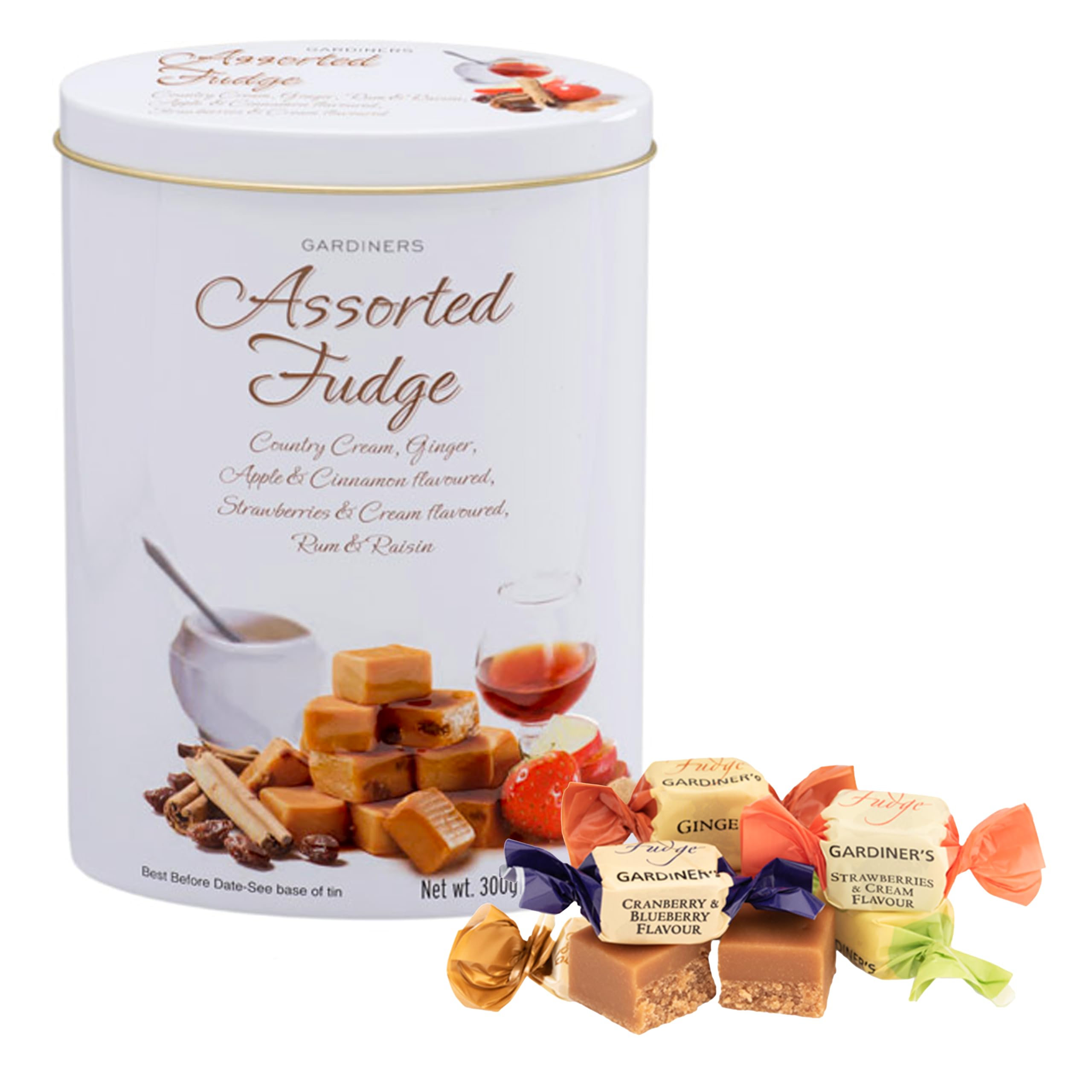 Gardiners of Scotland Luxury Assorted Fudge Tin 300g - Clotted Cream, Ginger, Apple & Cinnamon, Strawberry & Cream, Rum & Raisin 4