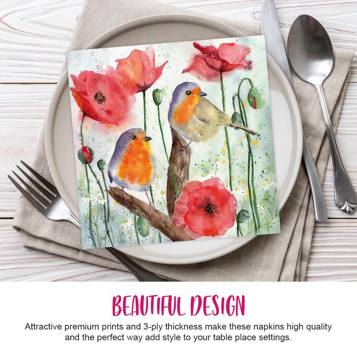 Jet Paper Robin Birds and Poppy Flowers 3-Ply Napkin 33 cm