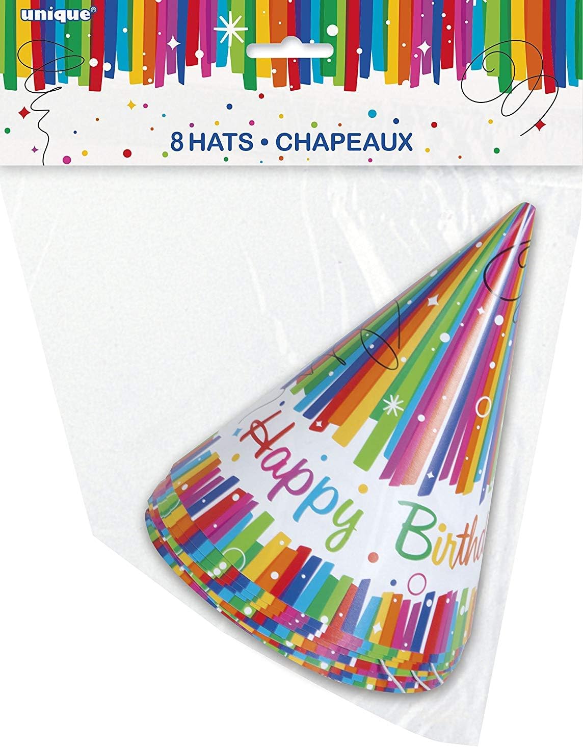 Rainbow Ribbons Birthday Party Hats, Pack of 8 - Cone Paper Hats with Elastic Band 2