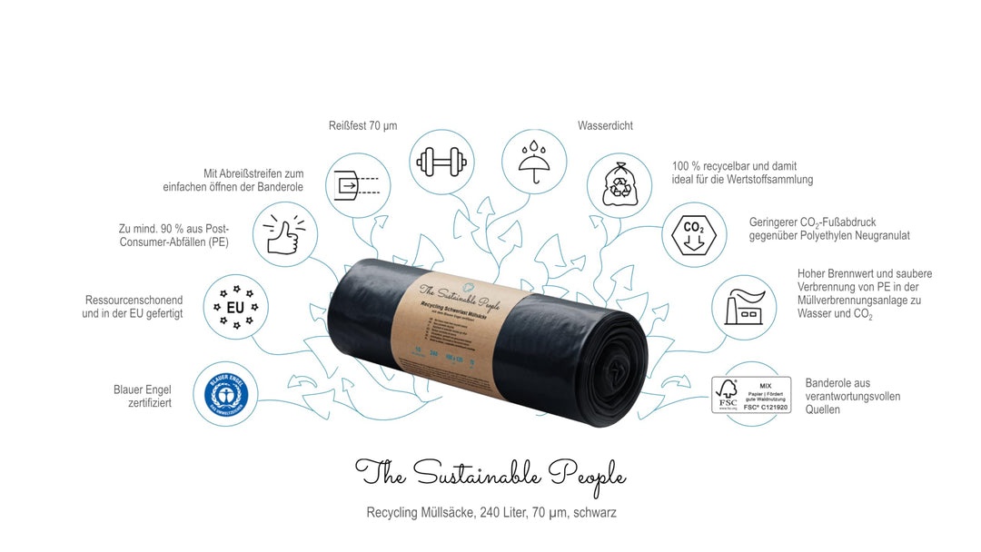 The Sustainable People Heavy Duty Recycled Bin Bags 240 L - 90%+ Post-Consumer Waste - Roll of 10