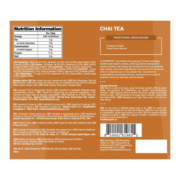 HANDPICK Masala Chai Tea Bags from India (100 Count) - Cinnamon, Black Pepper, Cloves & Cardamom - Eco-conscious Round Tea Bags