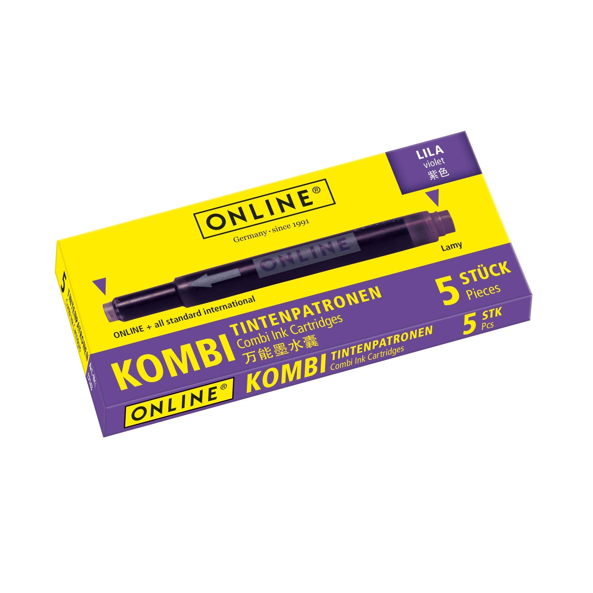 Online Universal Double-Sided Fountain Pen Refills - 5 Lilac Cartridges | Compatible with Lamy